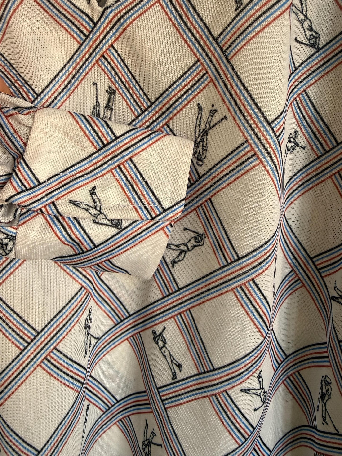 Vintage 70s Novelty Golf Print Blouse UK 14-16 | Striped Polyester Long Sleeve Top | Retro Kitsch Pull On Shirt