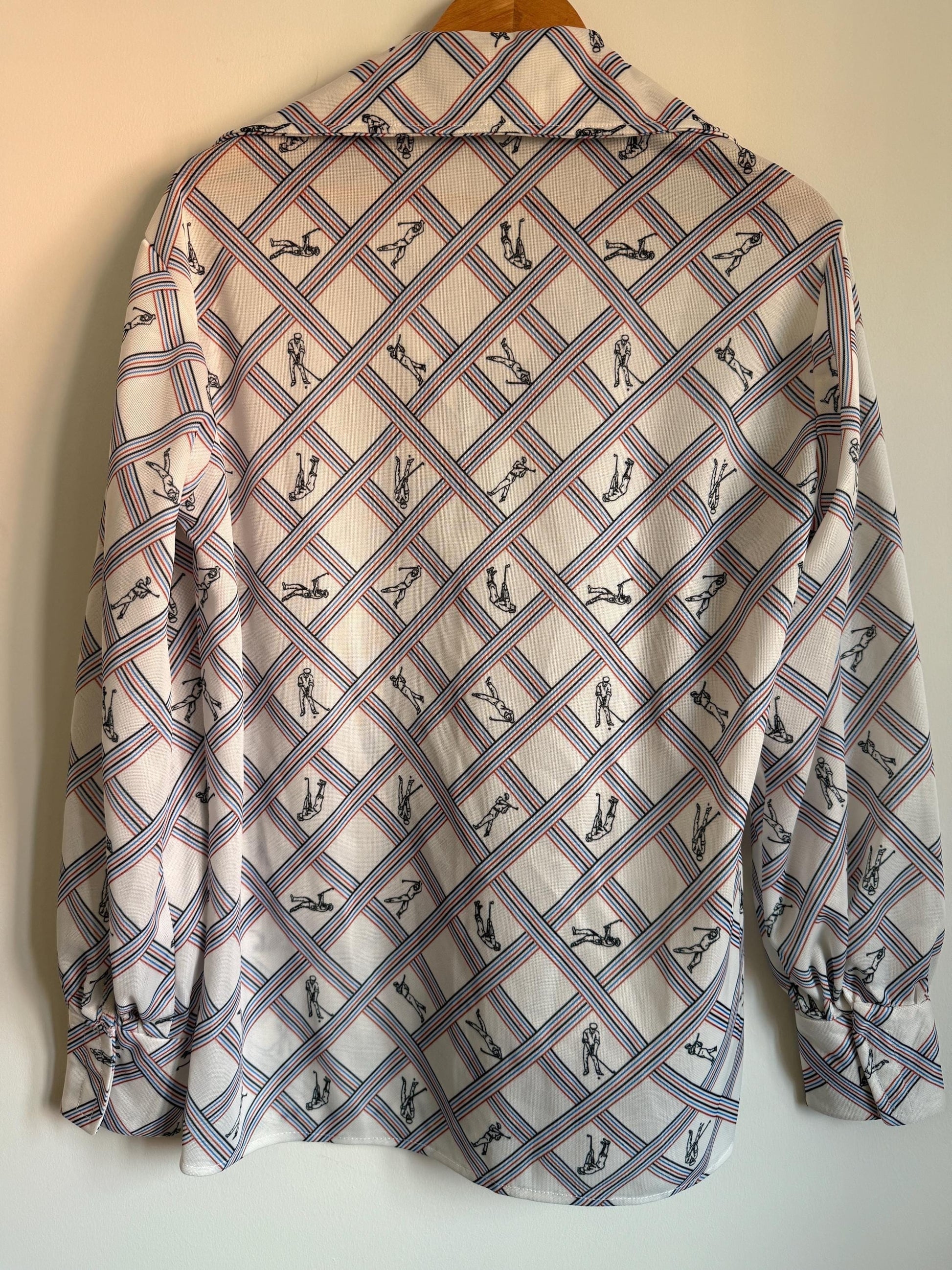 Vintage 70s Novelty Golf Print Blouse UK 14-16 | Striped Polyester Long Sleeve Top | Retro Kitsch Pull On Shirt