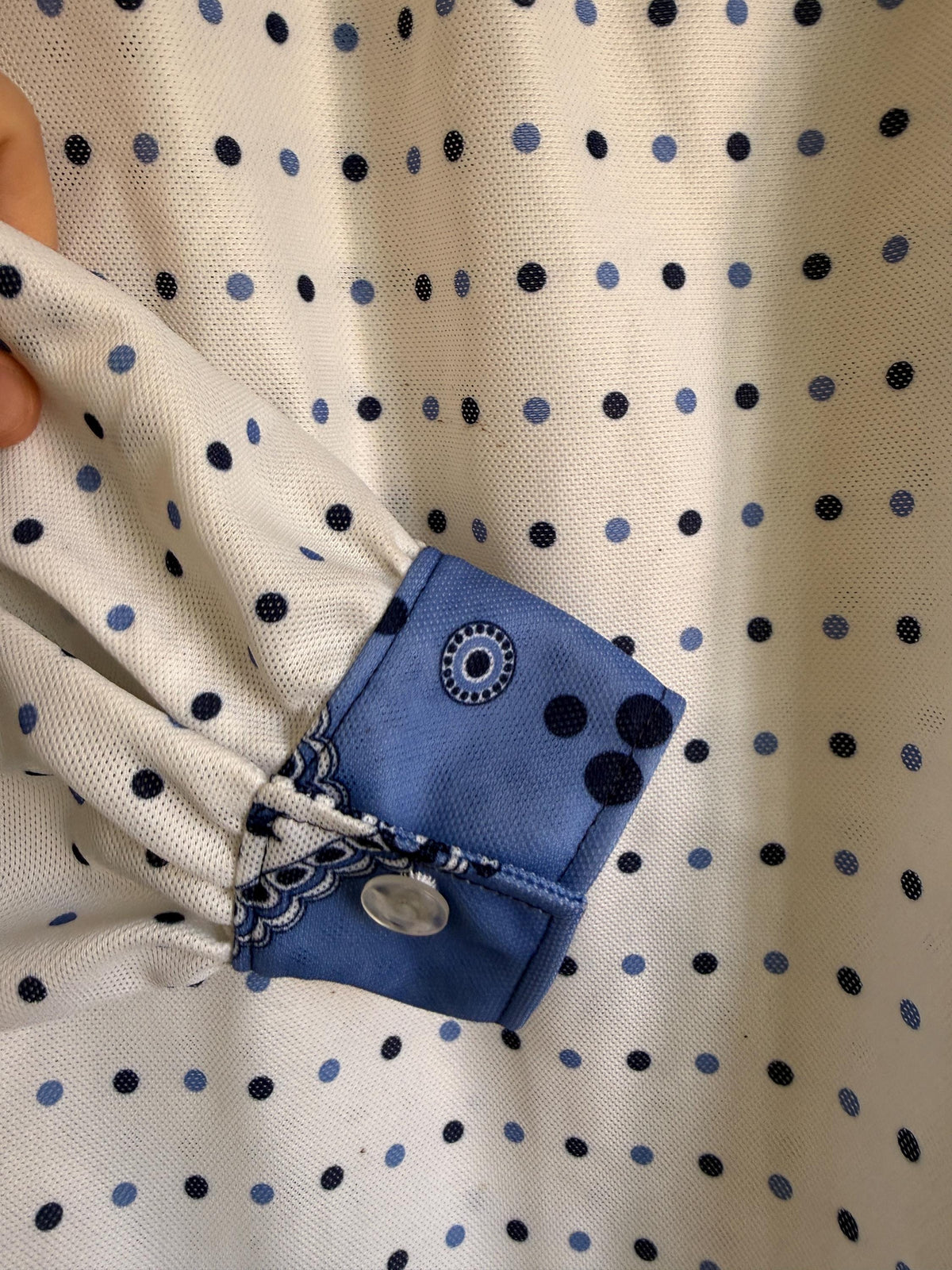 Vintage 70s Polka Dot Blouse UK 12-14 | Blue & White Polyester Top with Paisley Bandana Collar | Retro Long Sleeve Shirt