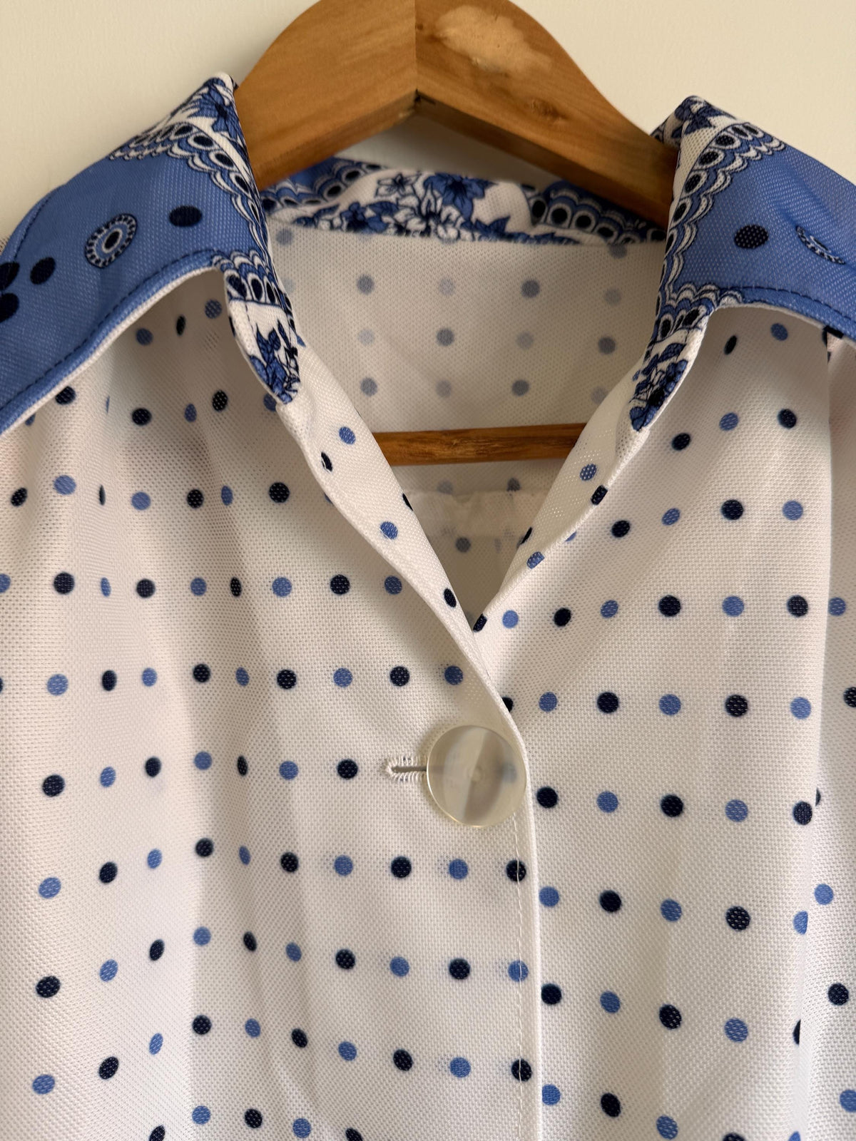 Vintage 70s Polka Dot Blouse UK 12-14 | Blue & White Polyester Top with Paisley Bandana Collar | Retro Long Sleeve Shirt
