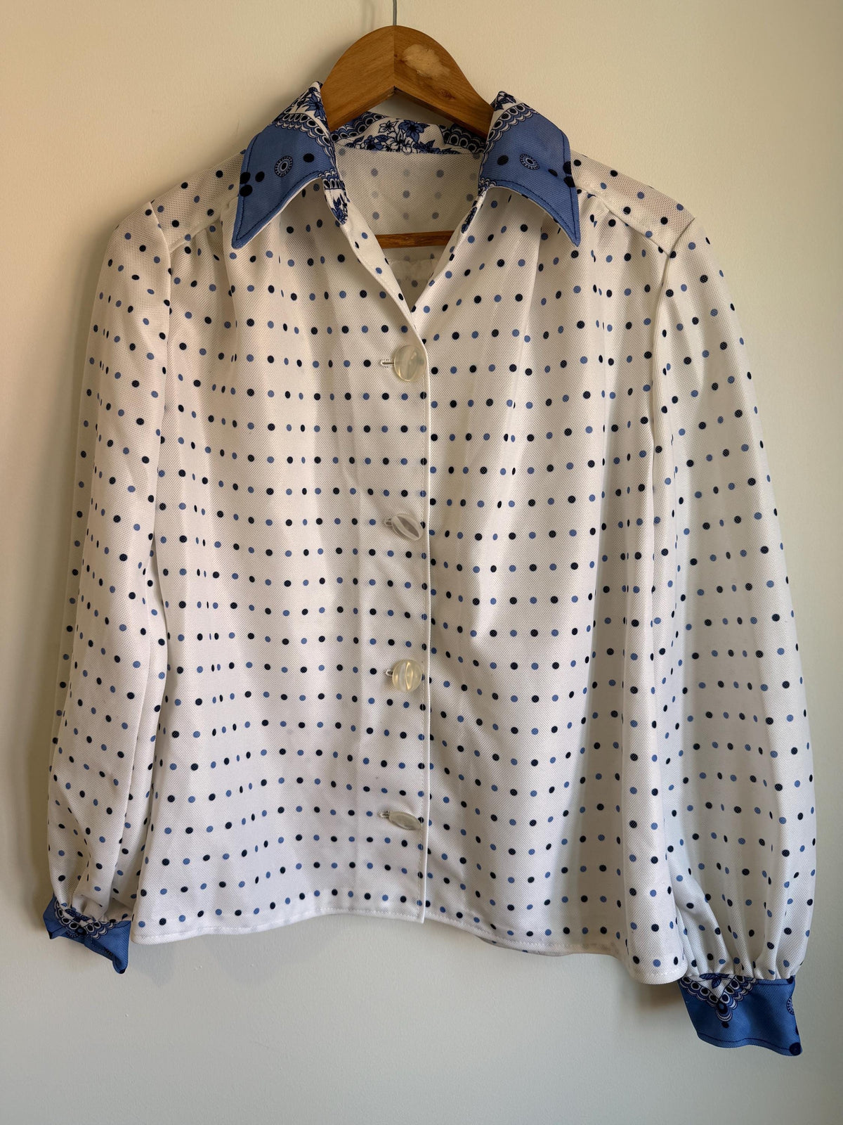 Vintage 70s Polka Dot Blouse UK 12-14 | Blue & White Polyester Top with Paisley Bandana Collar | Retro Long Sleeve Shirt