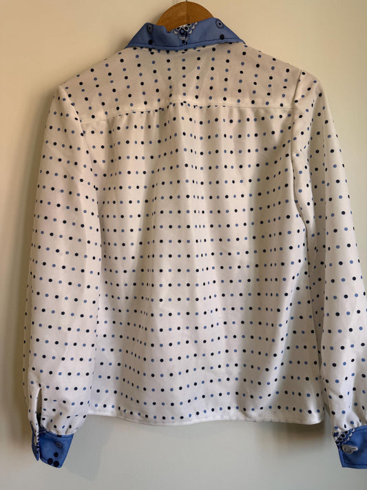 Vintage 70s Polka Dot Blouse UK 12-14 | Blue & White Polyester Top with Paisley Bandana Collar | Retro Long Sleeve Shirt