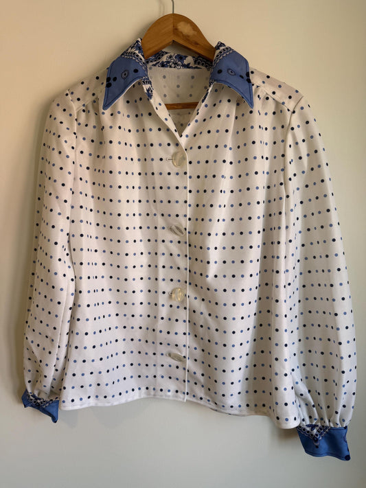 Vintage 70s Polka Dot Blouse UK 12-14 | Blue & White Polyester Top with Paisley Bandana Collar | Retro Long Sleeve Shirt