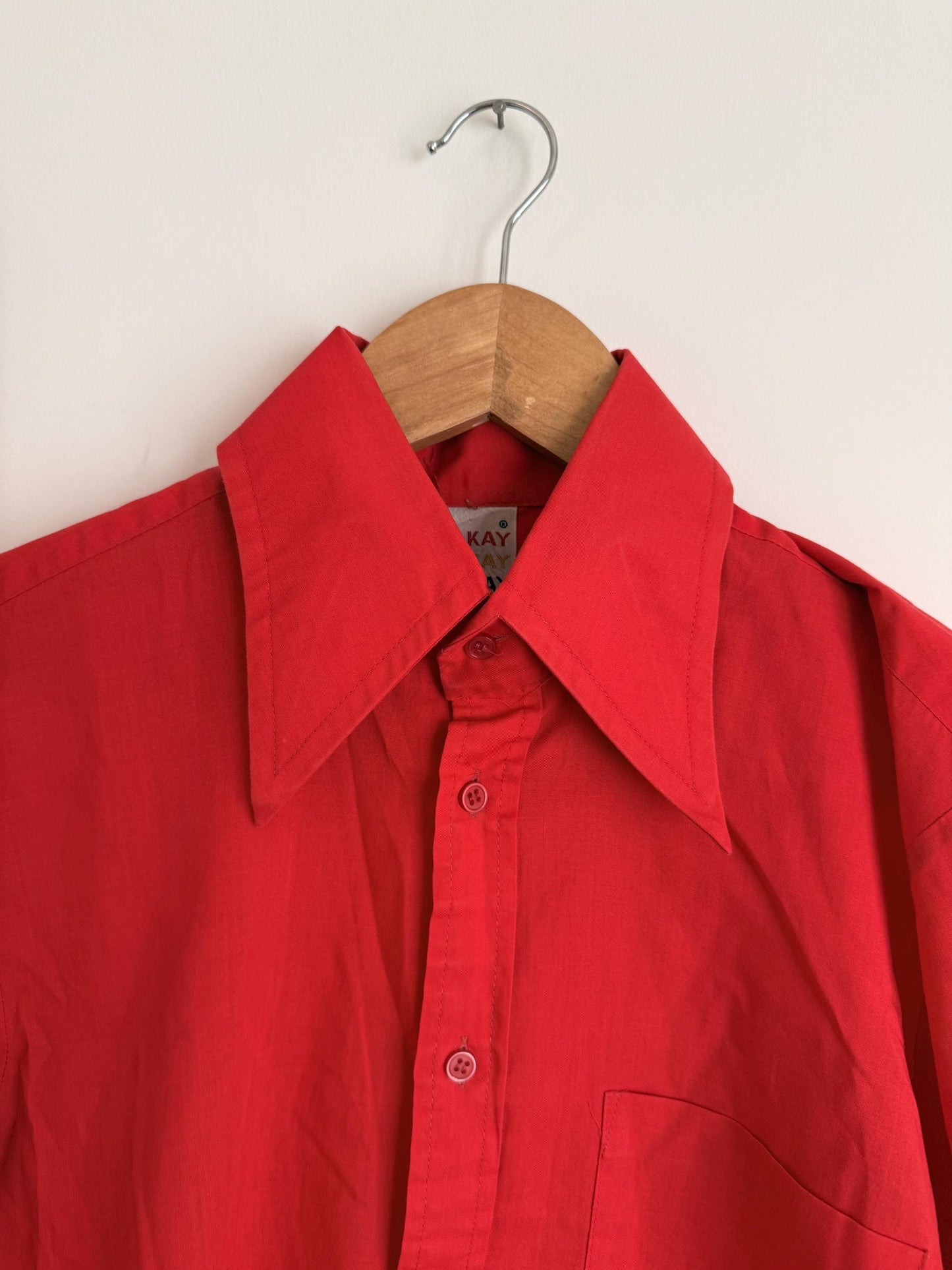 Vintage 70s Red Collared Shirt UK 10-12 | Tailored Long Sleeve Button Blouse | Minimalist Retro Workwear Top
