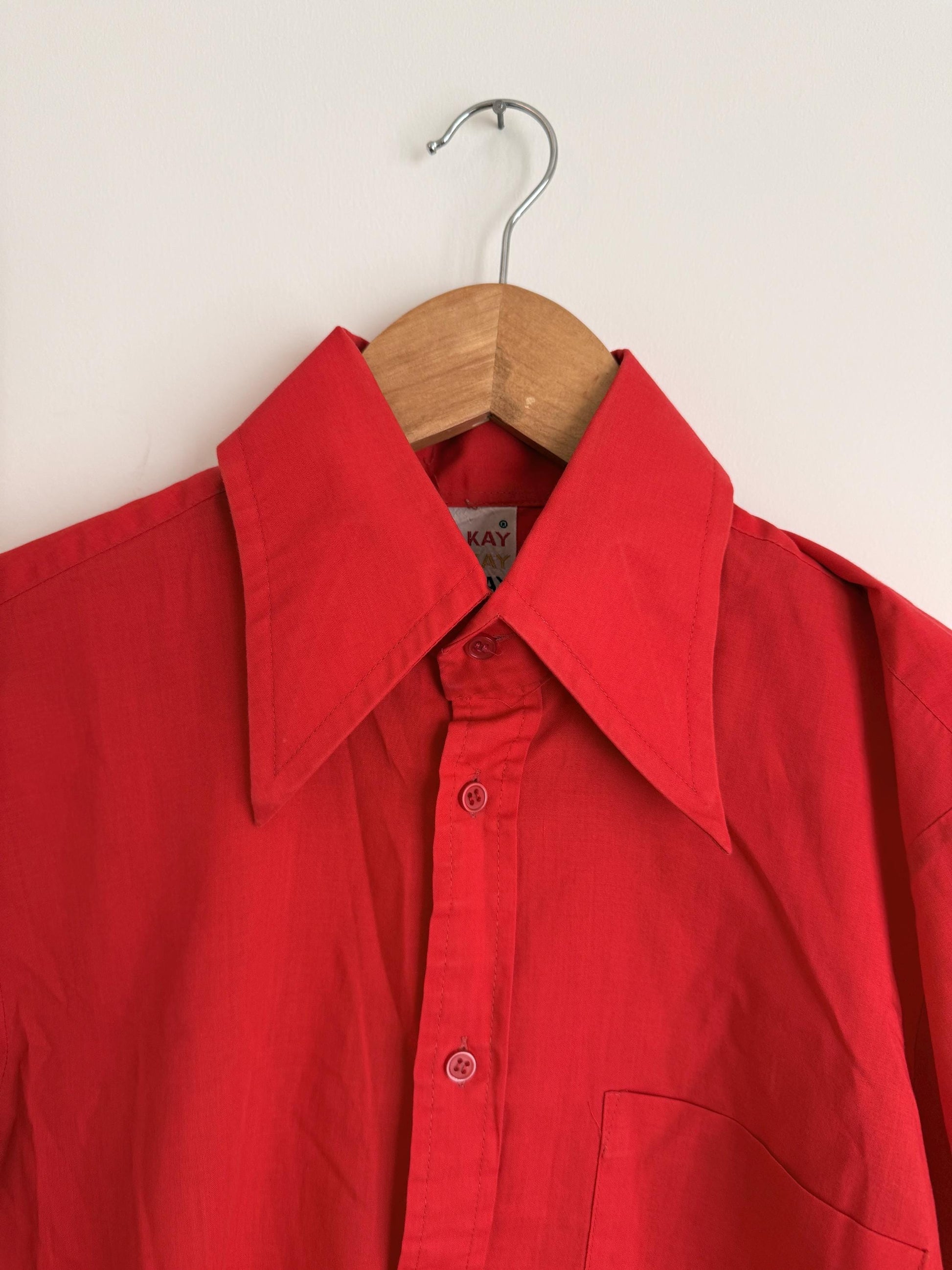 Vintage 70s Red Collared Shirt UK 10-12 | Tailored Long Sleeve Button Blouse | Minimalist Retro Workwear Top
