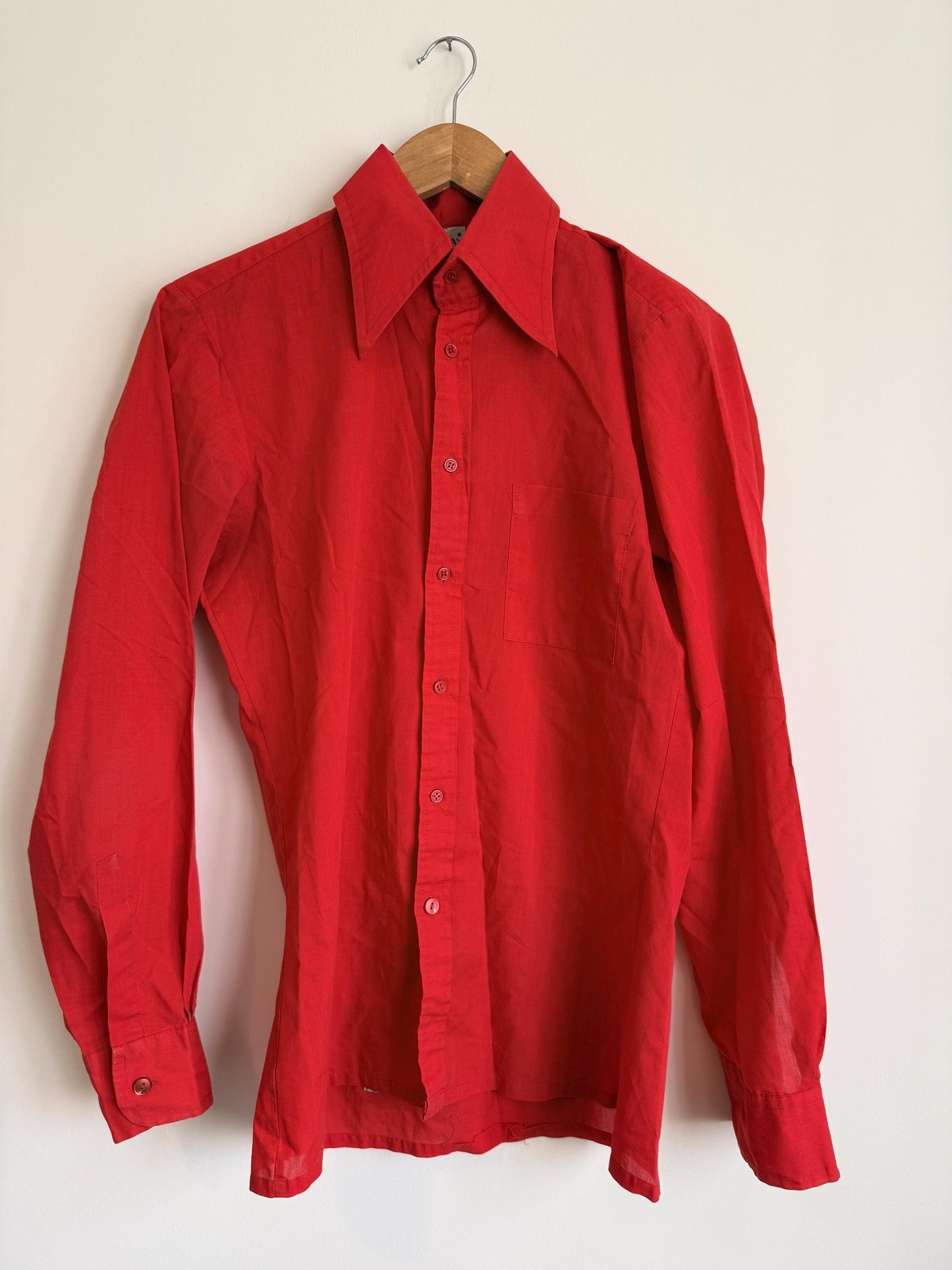 Vintage 70s Red Collared Shirt UK 10-12 | Tailored Long Sleeve Button Blouse | Minimalist Retro Workwear Top