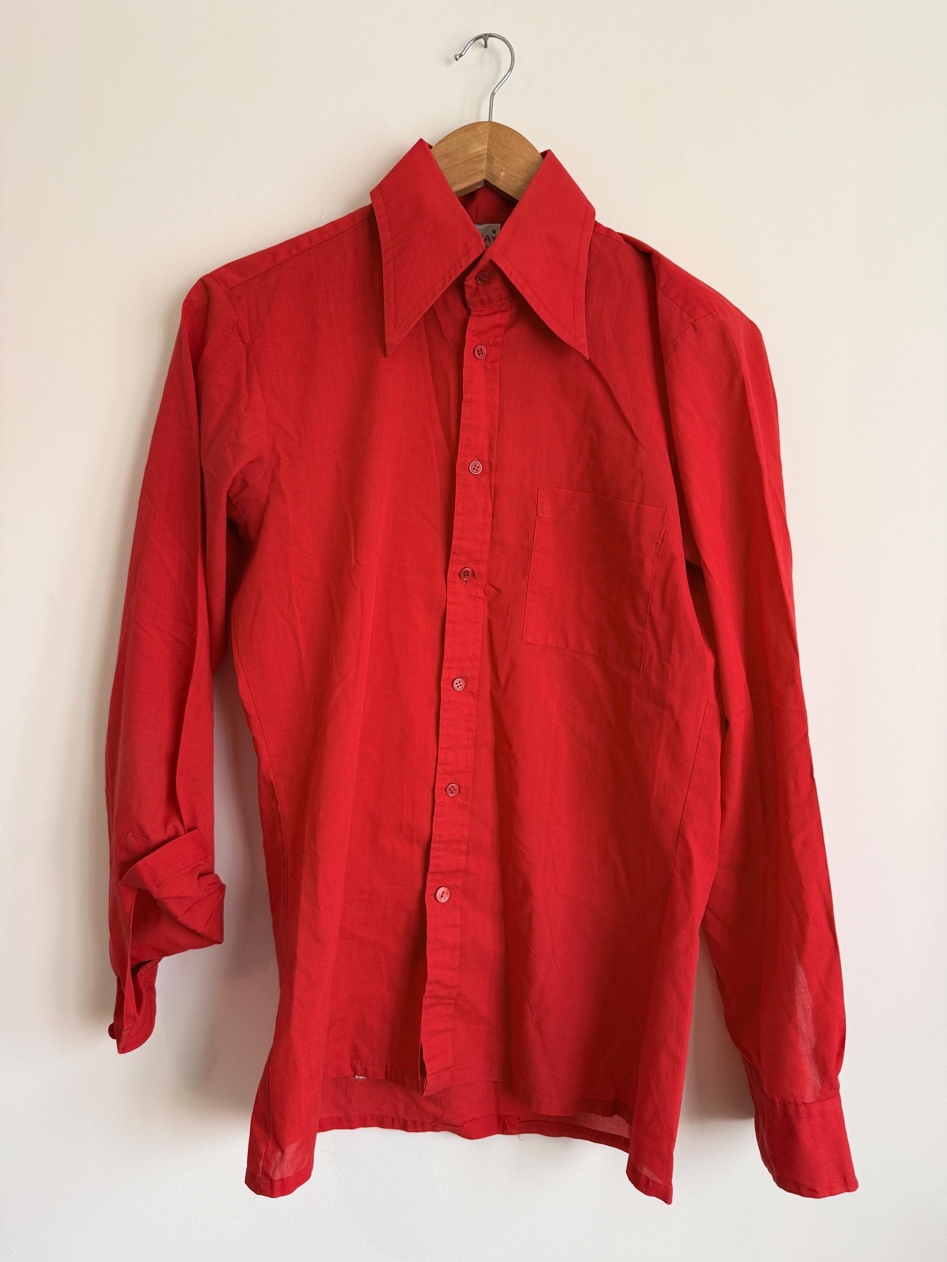 Vintage 70s Red Collared Shirt UK 10-12 | Tailored Long Sleeve Button Blouse | Minimalist Retro Workwear Top