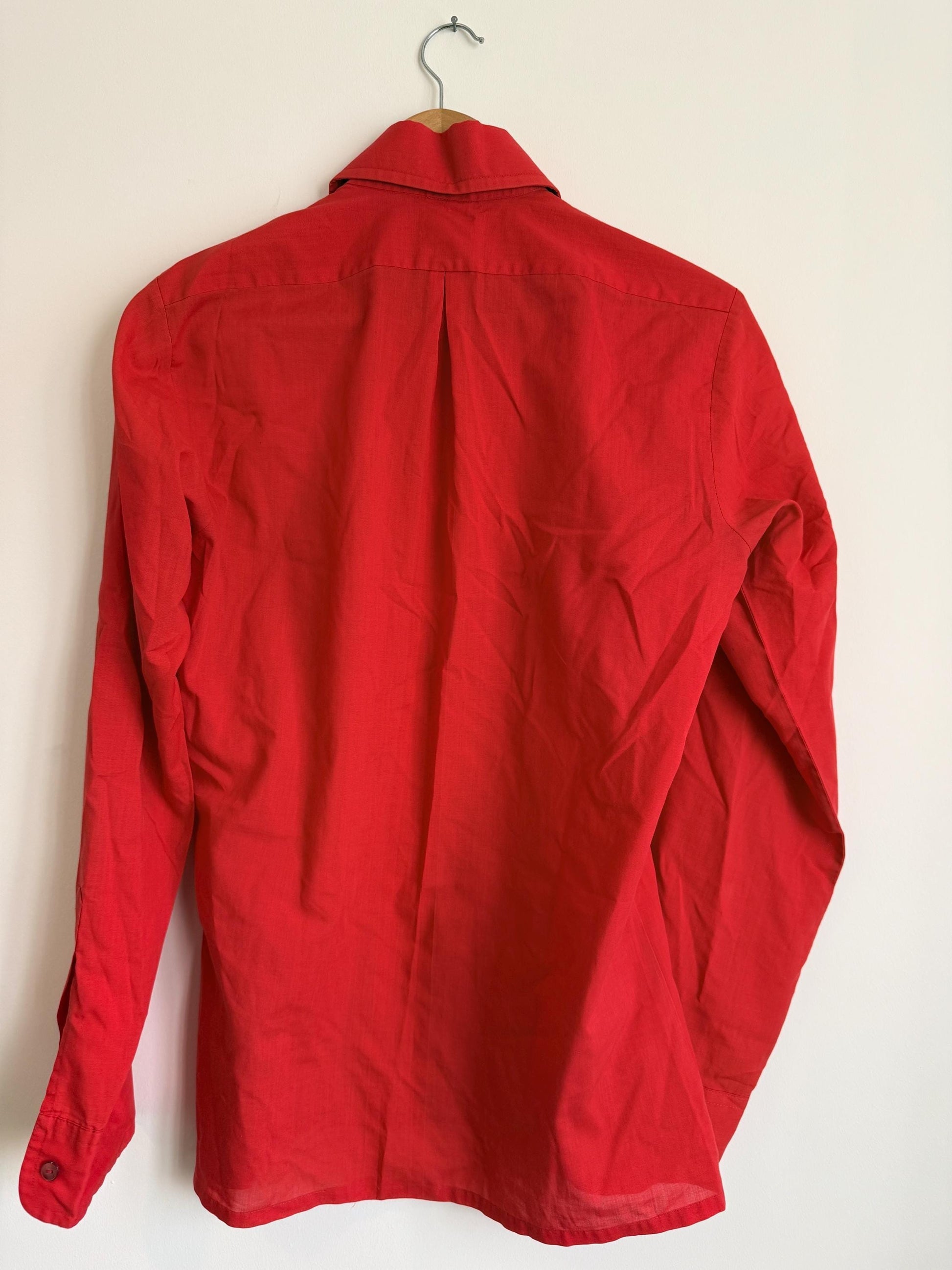 Vintage 70s Red Collared Shirt UK 10-12 | Tailored Long Sleeve Button Blouse | Minimalist Retro Workwear Top