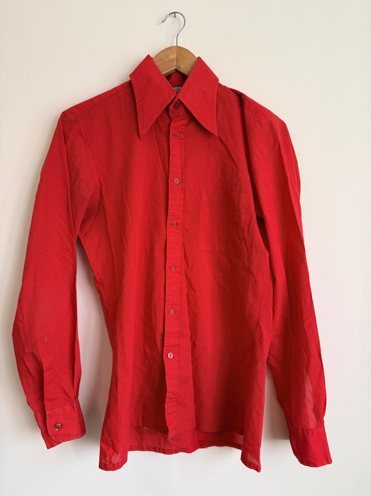 Vintage 70s Red Collared Shirt UK 10-12 | Tailored Long Sleeve Button Blouse | Minimalist Retro Workwear Top