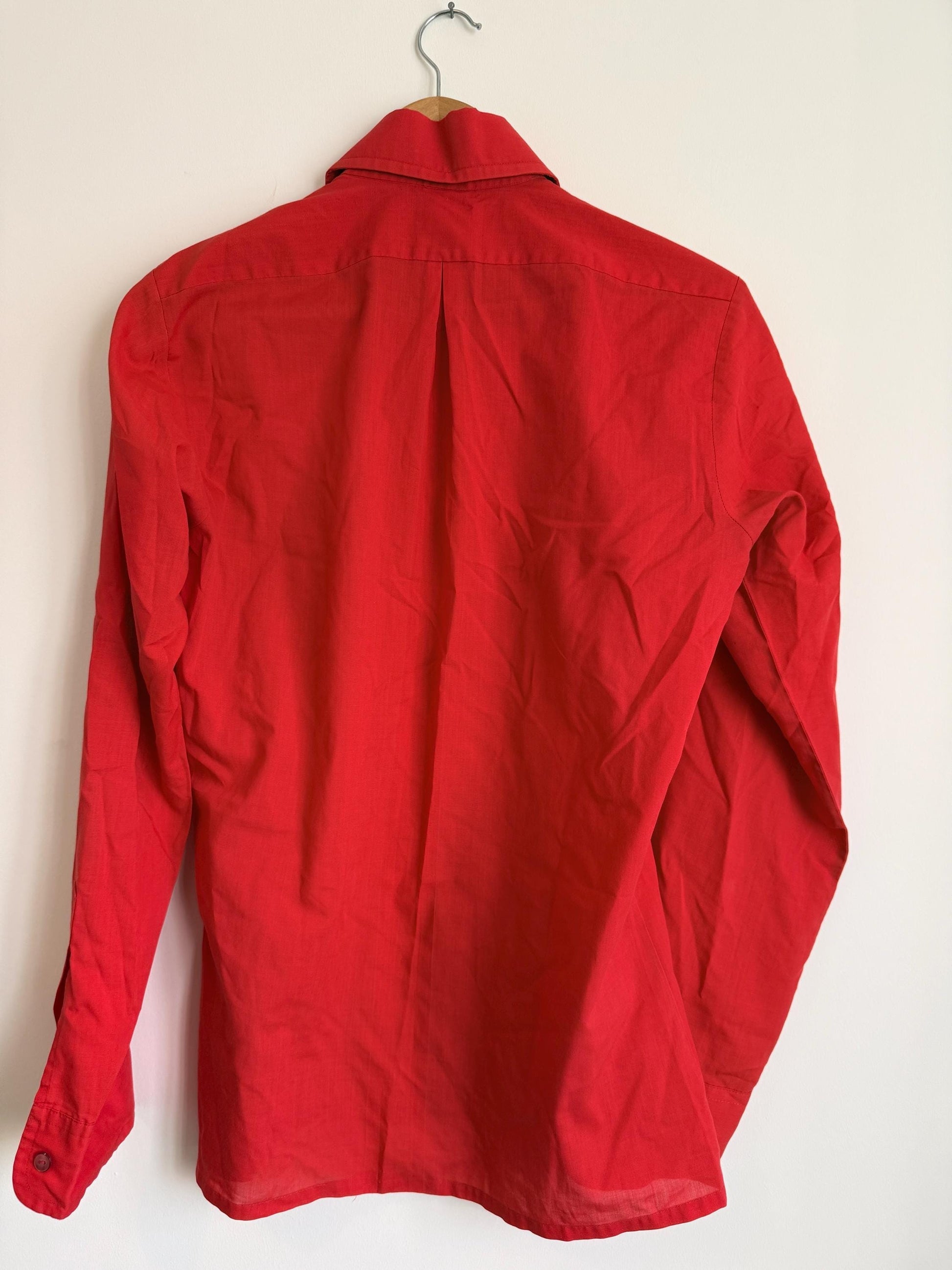 Vintage 70s Red Collared Shirt UK 10-12 | Tailored Long Sleeve Button Blouse | Minimalist Retro Workwear Top