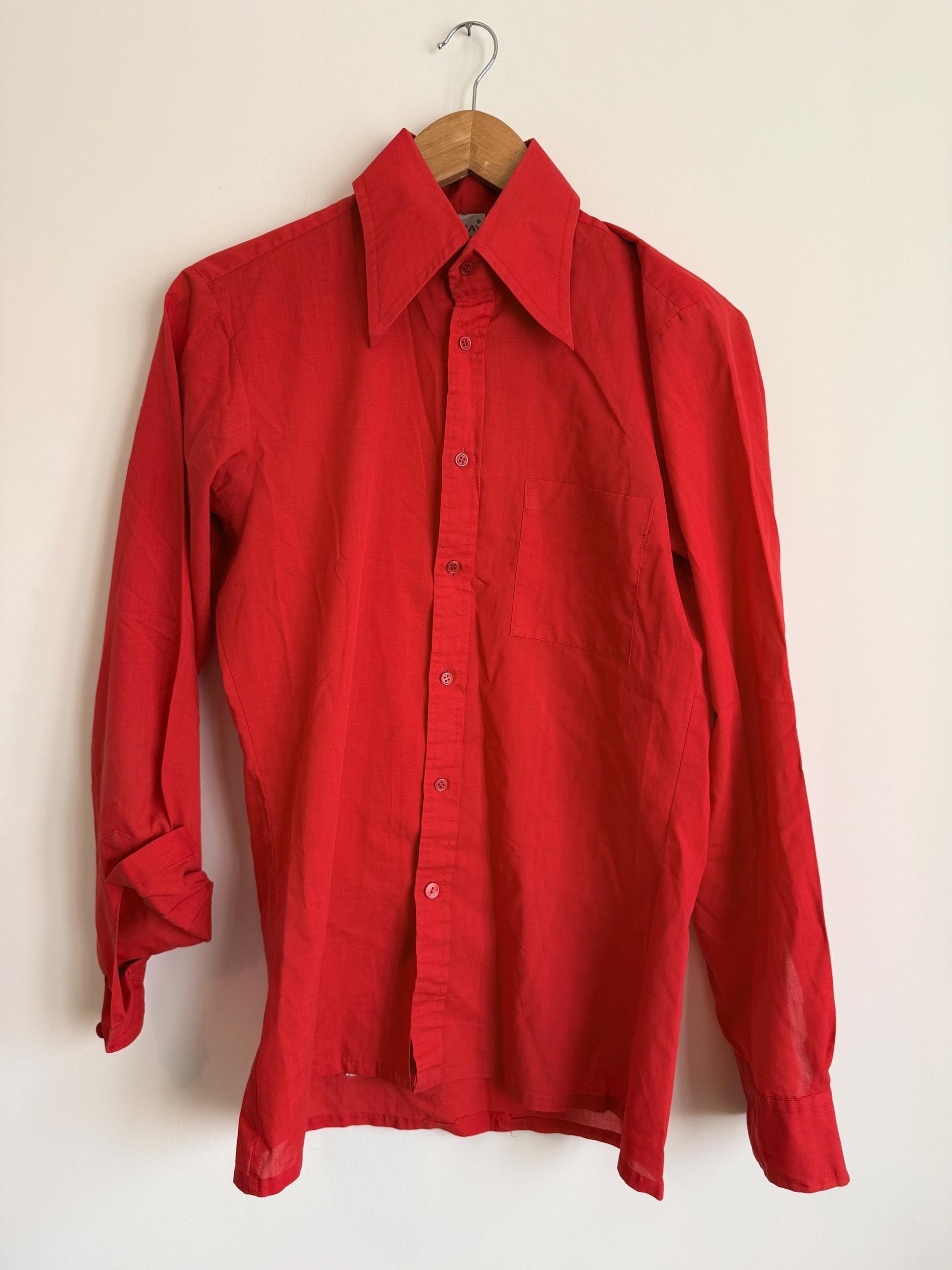 Vintage 70s Red Collared Shirt UK 10-12 | Tailored Long Sleeve Button Blouse | Minimalist Retro Workwear Top