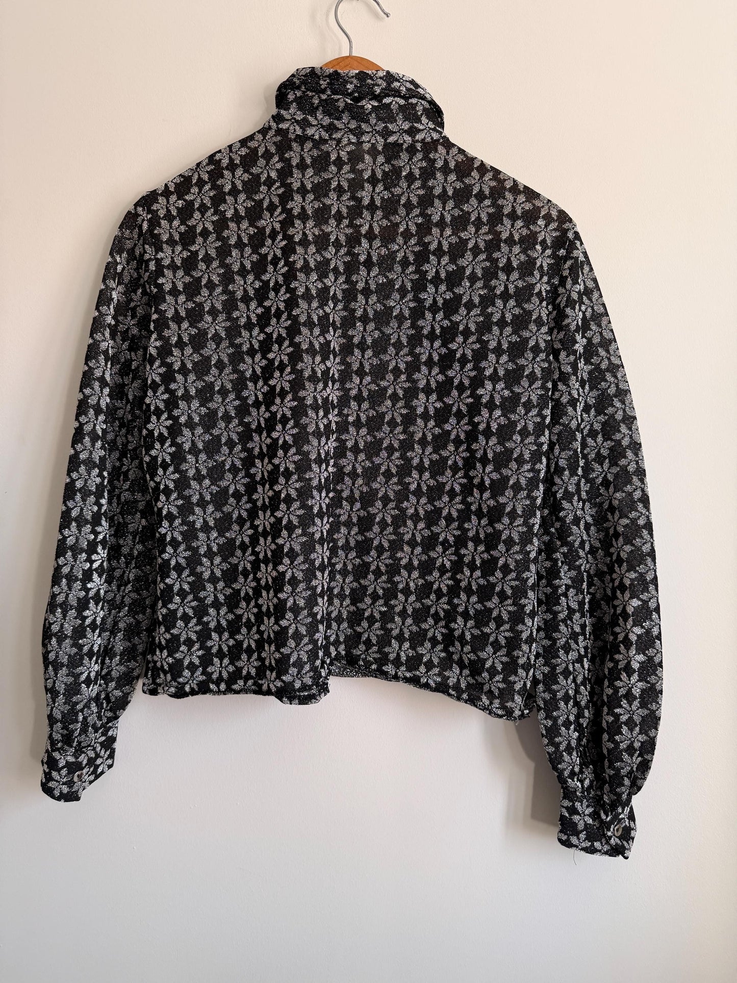 Vintage 80s Black Floral Blouse | Monochrome Button Up Shirt | Cropped Vintage Top | Long Sleeve Floral Blouse | Cottagecore Shirt ,