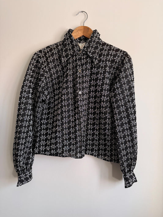 Vintage 80s Black Floral Blouse | Monochrome Button Up Shirt | Cropped Vintage Top | Long Sleeve Floral Blouse | Cottagecore Shirt ,
