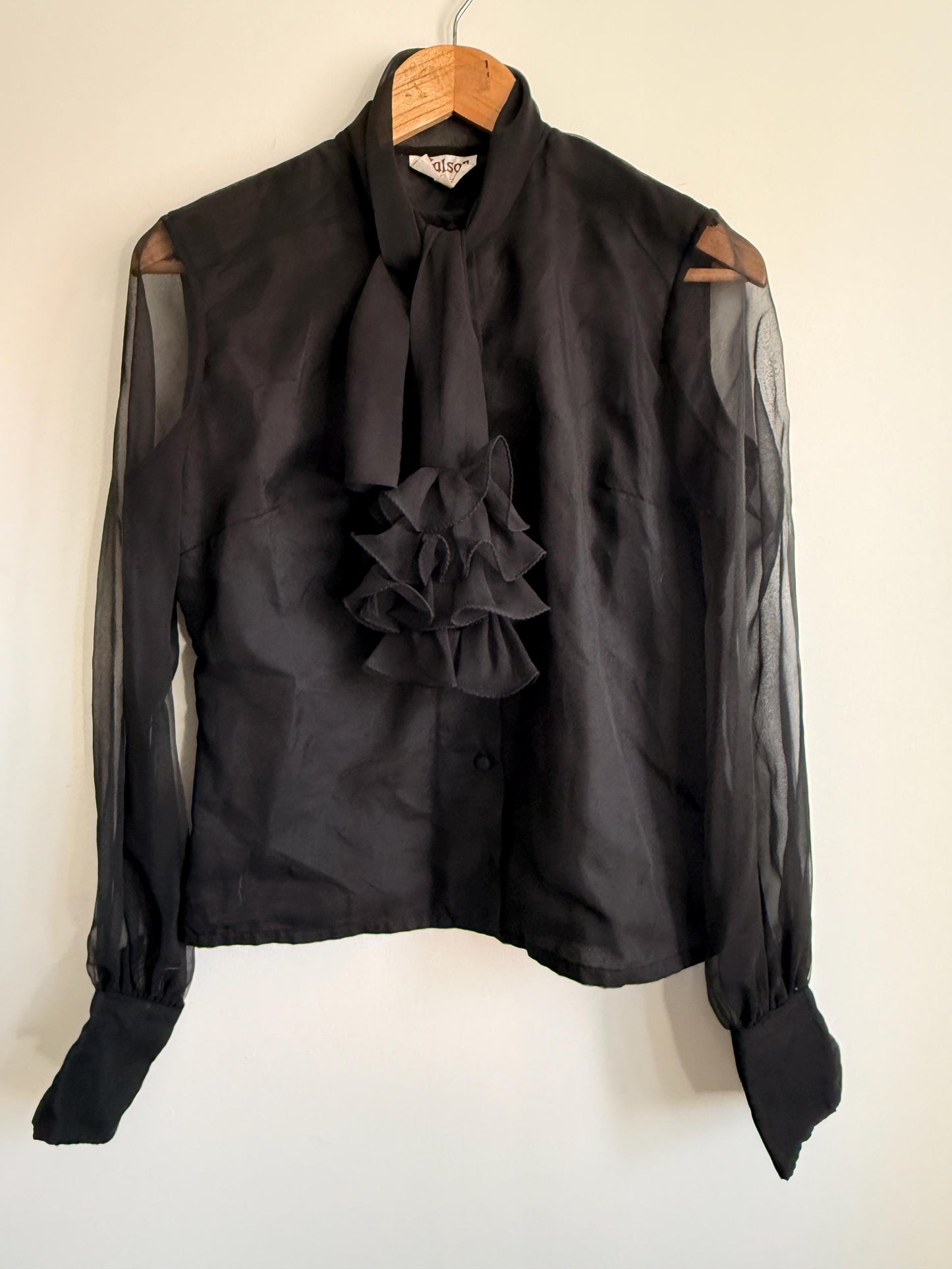 Vintage 80s Black Sheer Sleeve Pussy Bow Blouse | Romantic Gothic Ruffle Top | Victoriana Statement Shirt | Party Evening Blouse | UK 10-12