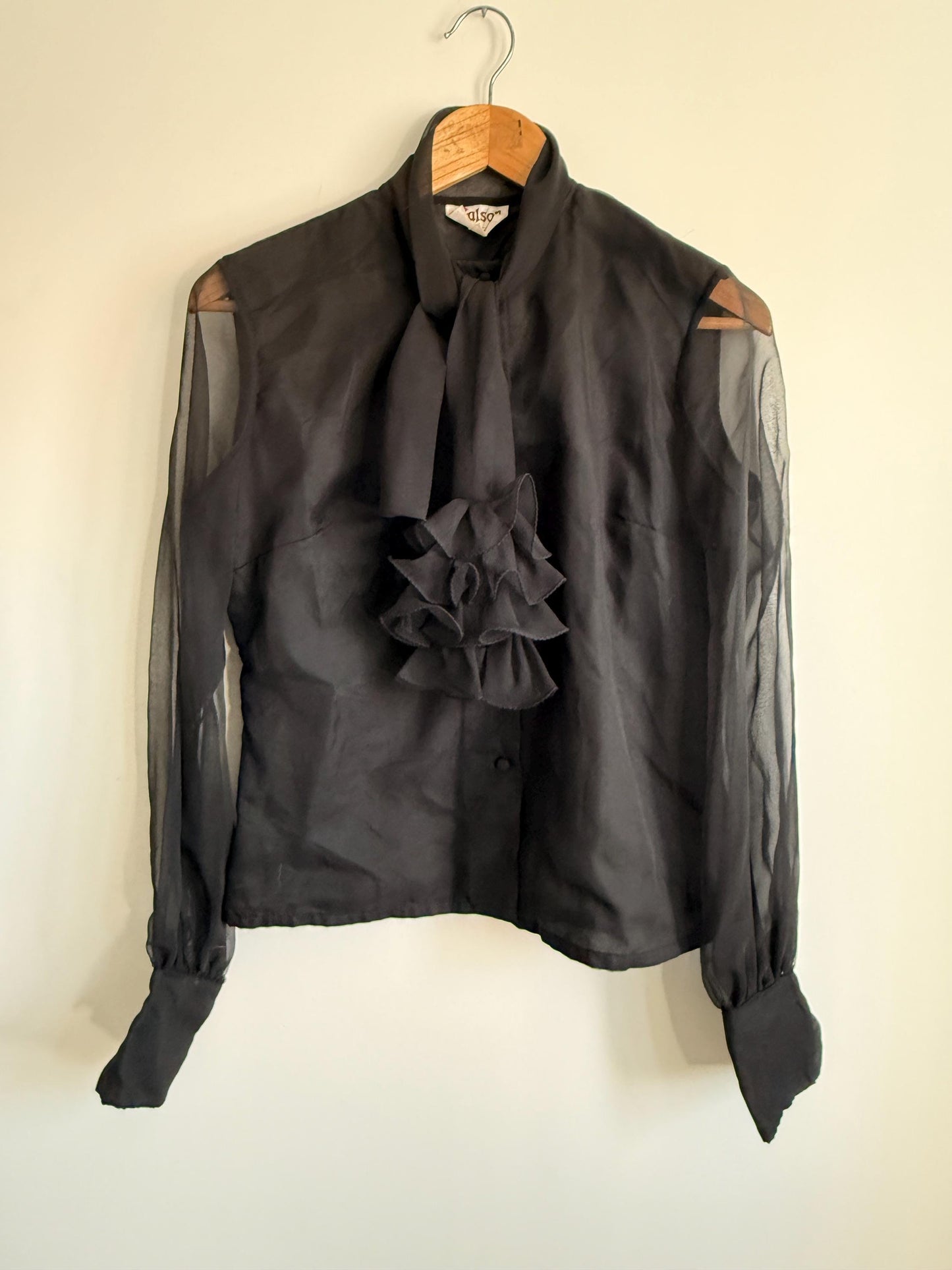 Vintage 80s Black Sheer Sleeve Pussy Bow Blouse | Romantic Gothic Ruffle Top | Victoriana Statement Shirt | Party Evening Blouse | UK 10-12