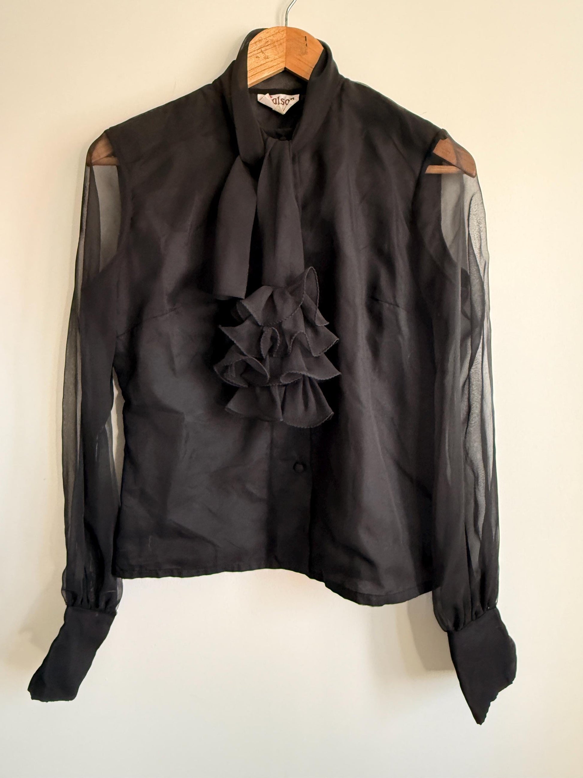 Vintage 80s Black Sheer Sleeve Pussy Bow Blouse | Romantic Gothic Ruffle Top | Victoriana Statement Shirt | Party Evening Blouse | UK 10-12
