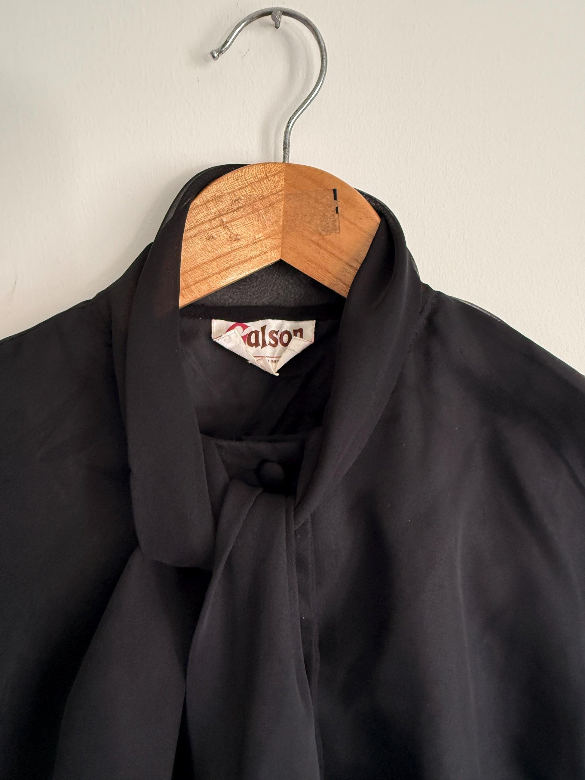 Vintage 80s Black Sheer Sleeve Pussy Bow Blouse | Romantic Gothic Ruffle Top | Victoriana Statement Shirt | Party Evening Blouse | UK 10-12