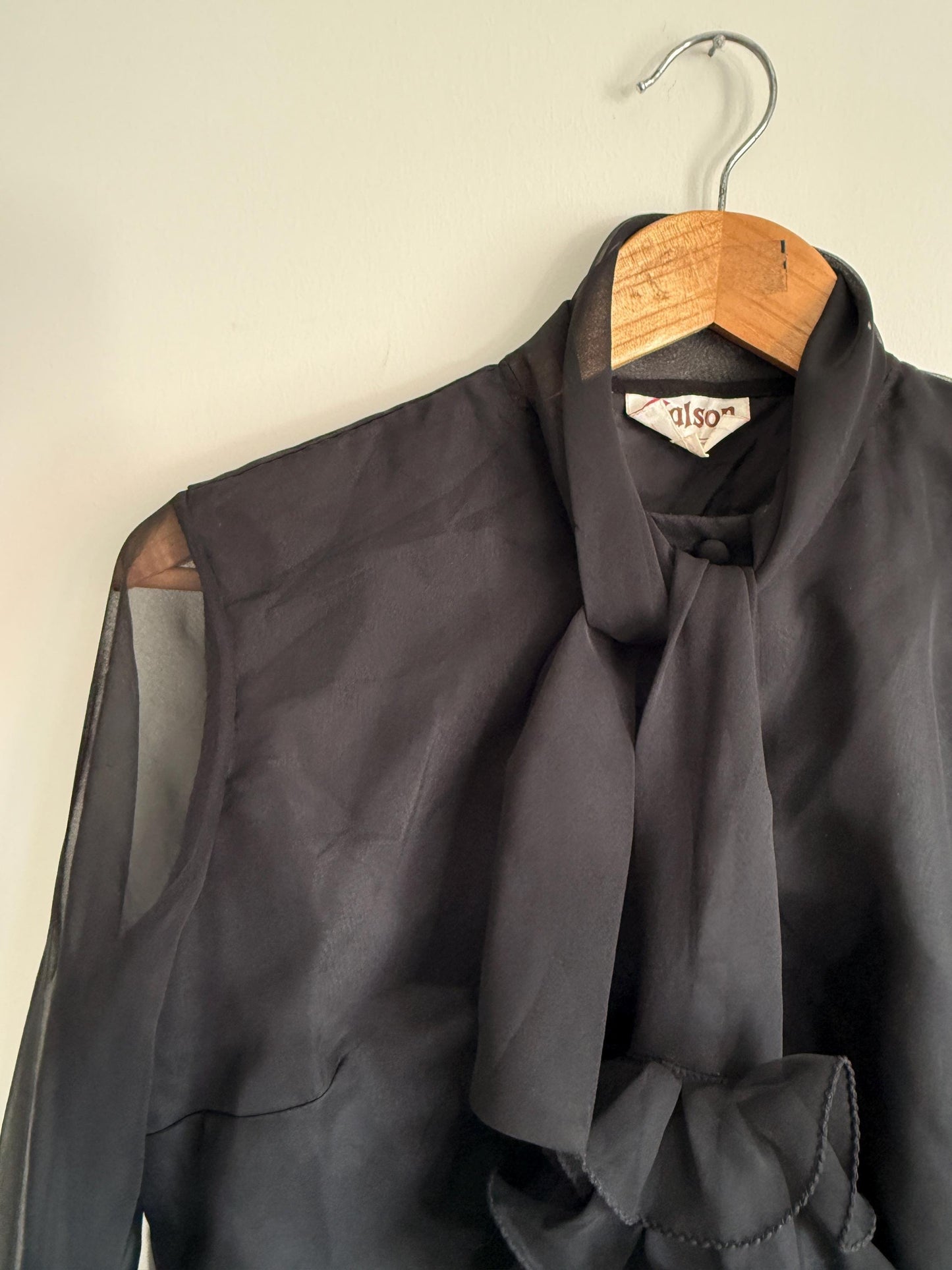 Vintage 80s Black Sheer Sleeve Pussy Bow Blouse | Romantic Gothic Ruffle Top | Victoriana Statement Shirt | Party Evening Blouse | UK 10-12