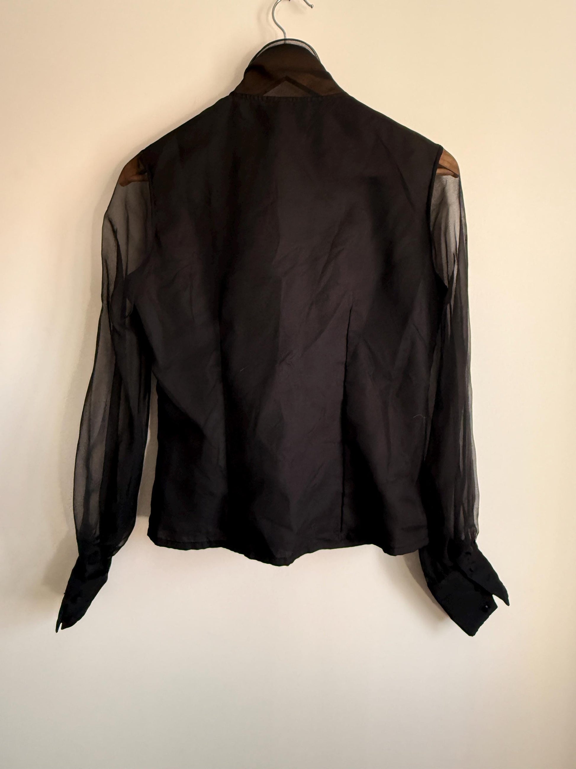 Vintage 80s Black Sheer Sleeve Pussy Bow Blouse | Romantic Gothic Ruffle Top | Victoriana Statement Shirt | Party Evening Blouse | UK 10-12