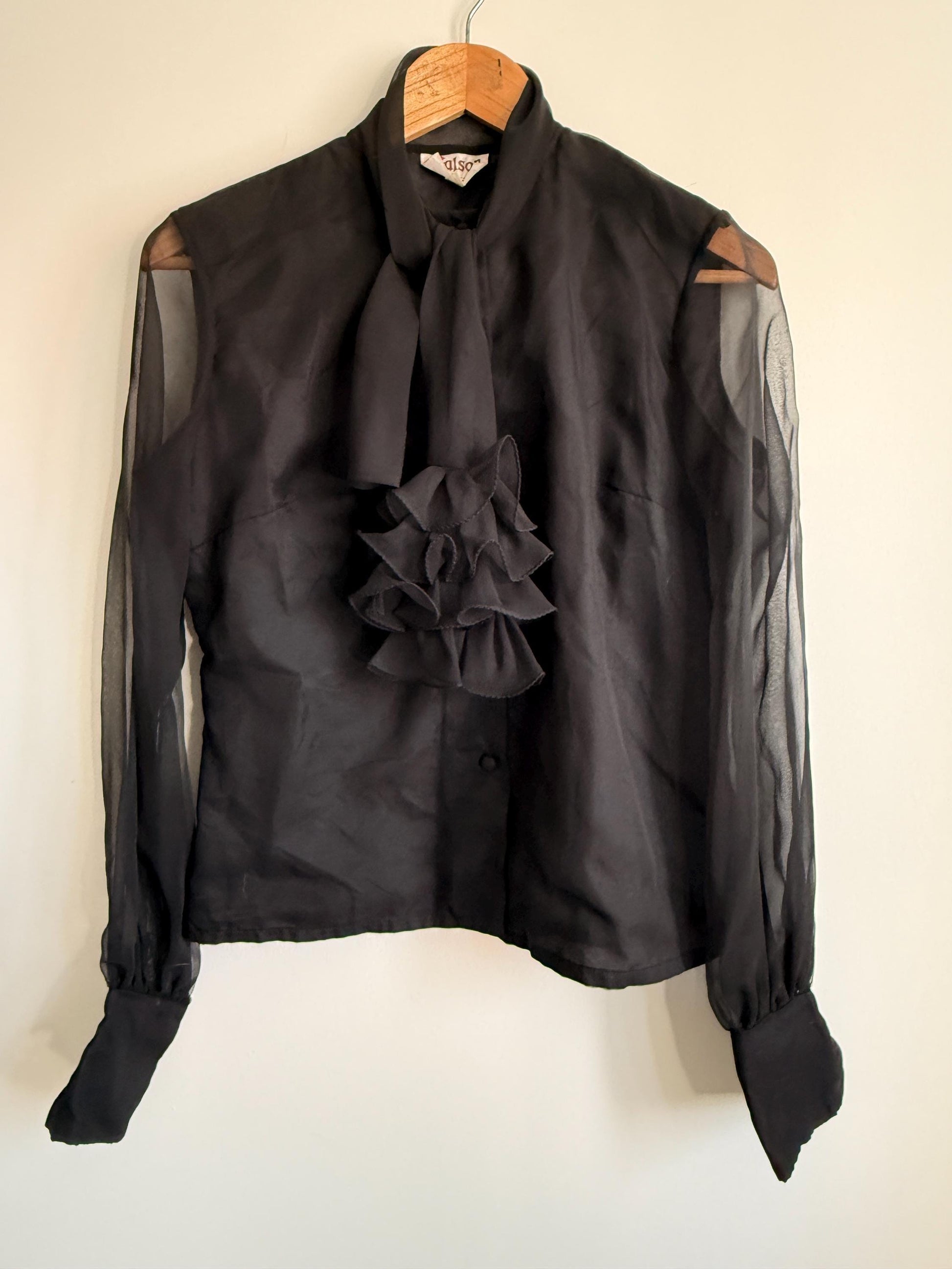 Vintage 80s Black Sheer Sleeve Pussy Bow Blouse | Romantic Gothic Ruffle Top | Victoriana Statement Shirt | Party Evening Blouse | UK 10-12