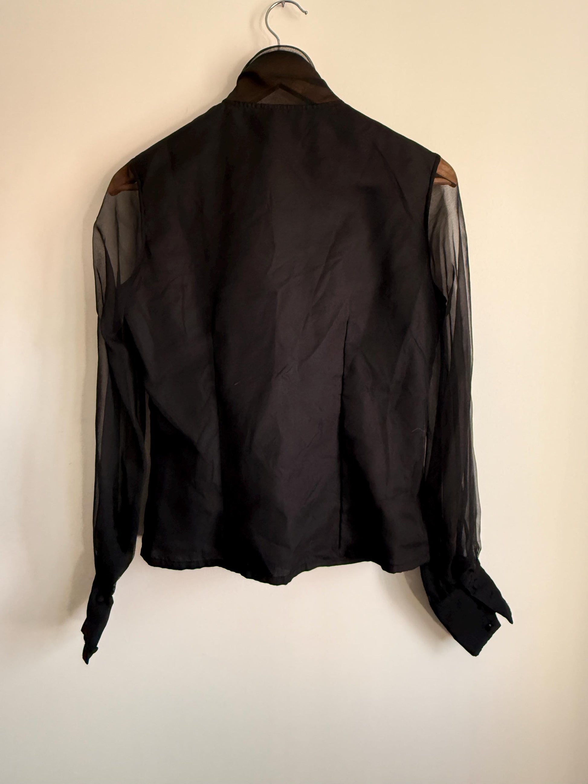 Vintage 80s Black Sheer Sleeve Pussy Bow Blouse | Romantic Gothic Ruffle Top | Victoriana Statement Shirt | Party Evening Blouse | UK 10-12
