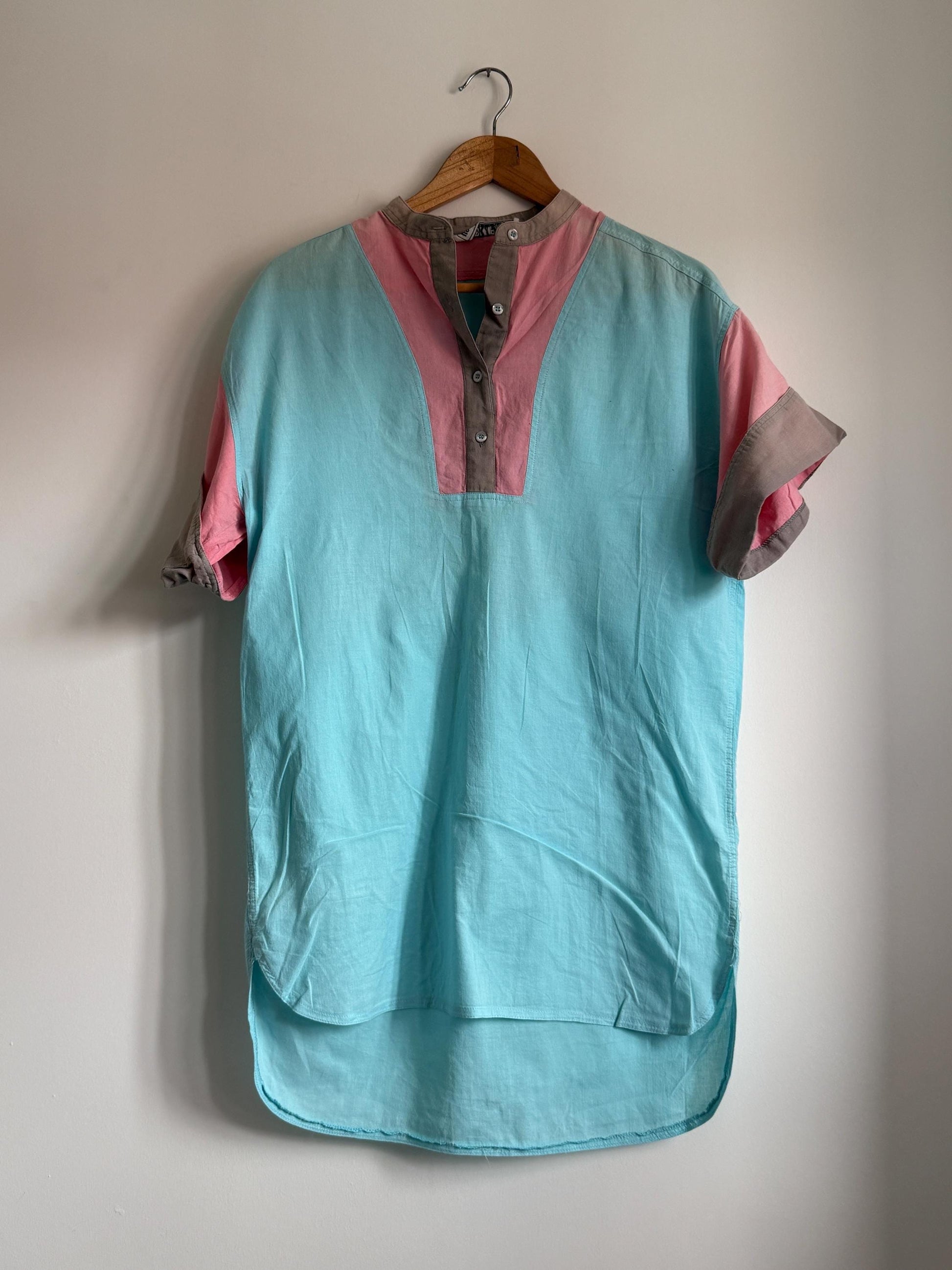 Vintage 80s Colour Block Blouse | Turquoise Pink & Taupe Cotton Tunic Shirt | Retro Pastel Top