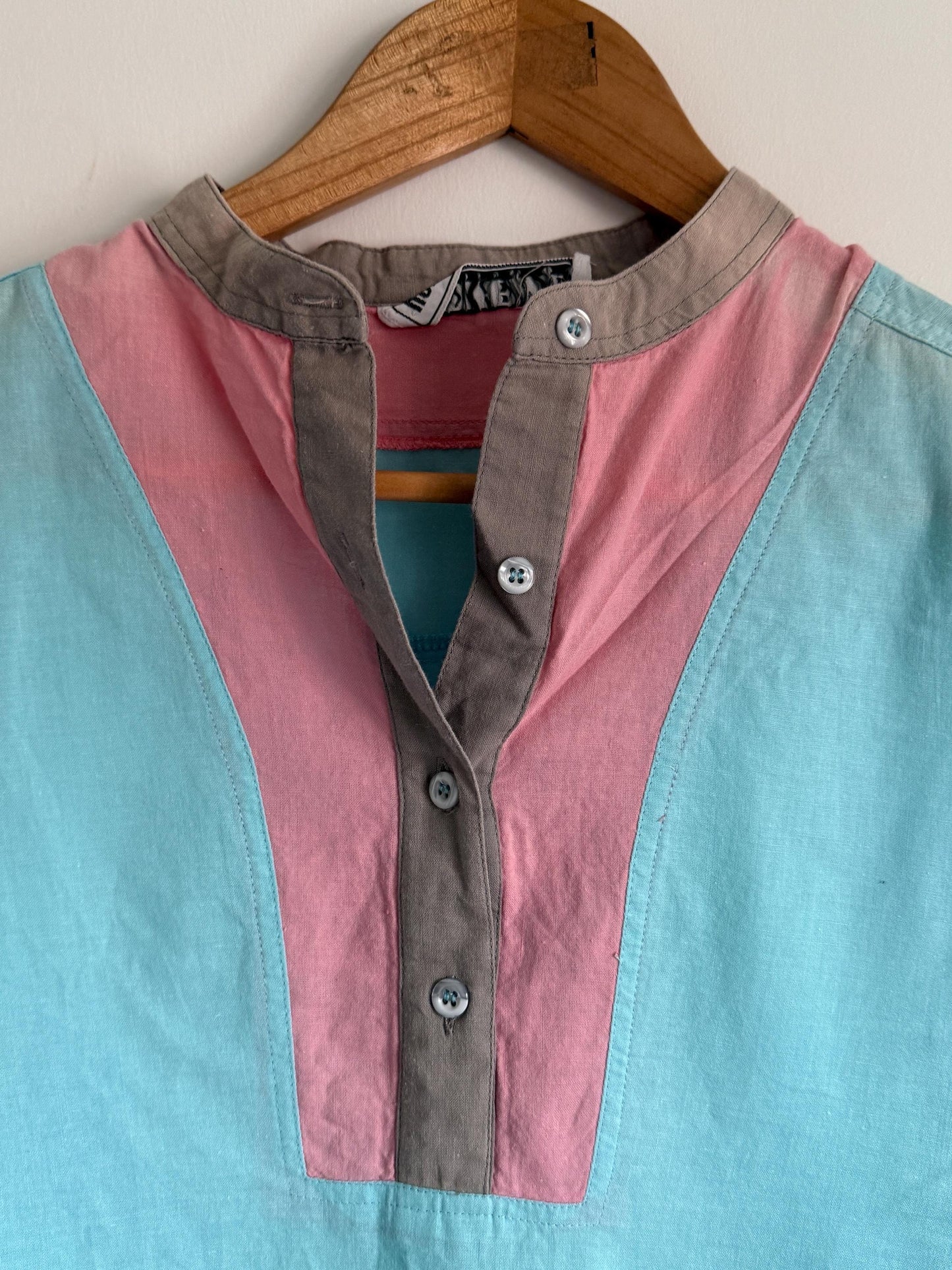 Vintage 80s Colour Block Blouse | Turquoise Pink & Taupe Cotton Tunic Shirt | Retro Pastel Top