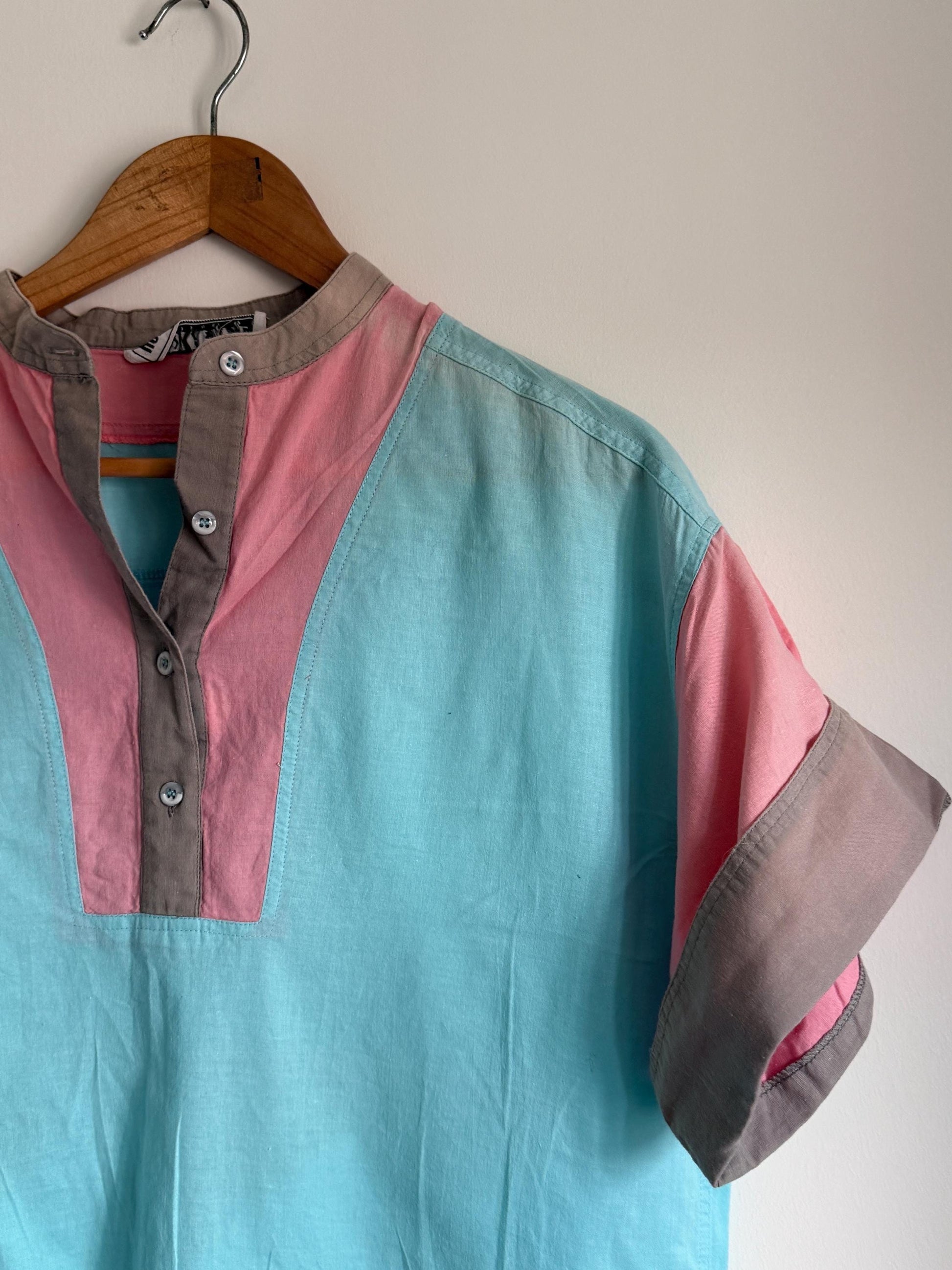 Vintage 80s Colour Block Blouse | Turquoise Pink & Taupe Cotton Tunic Shirt | Retro Pastel Top
