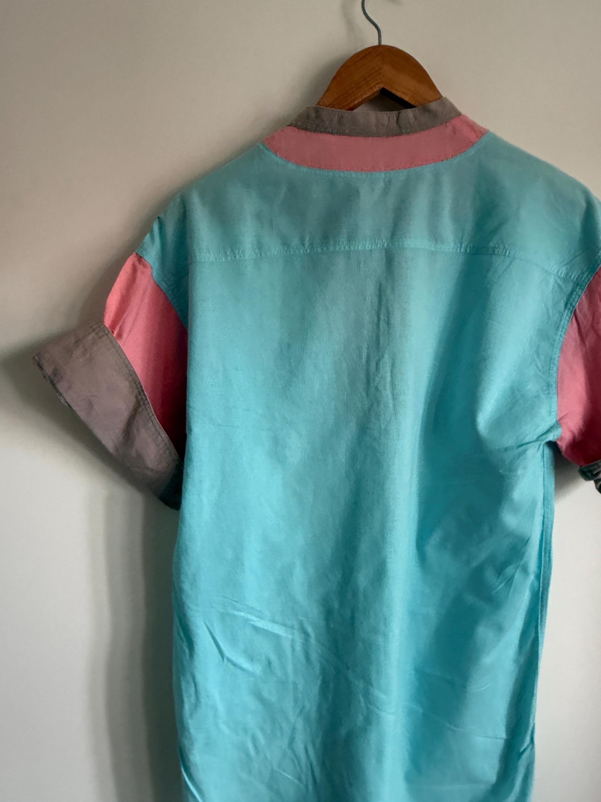 Vintage 80s Colour Block Blouse | Turquoise Pink & Taupe Cotton Tunic Shirt | Retro Pastel Top