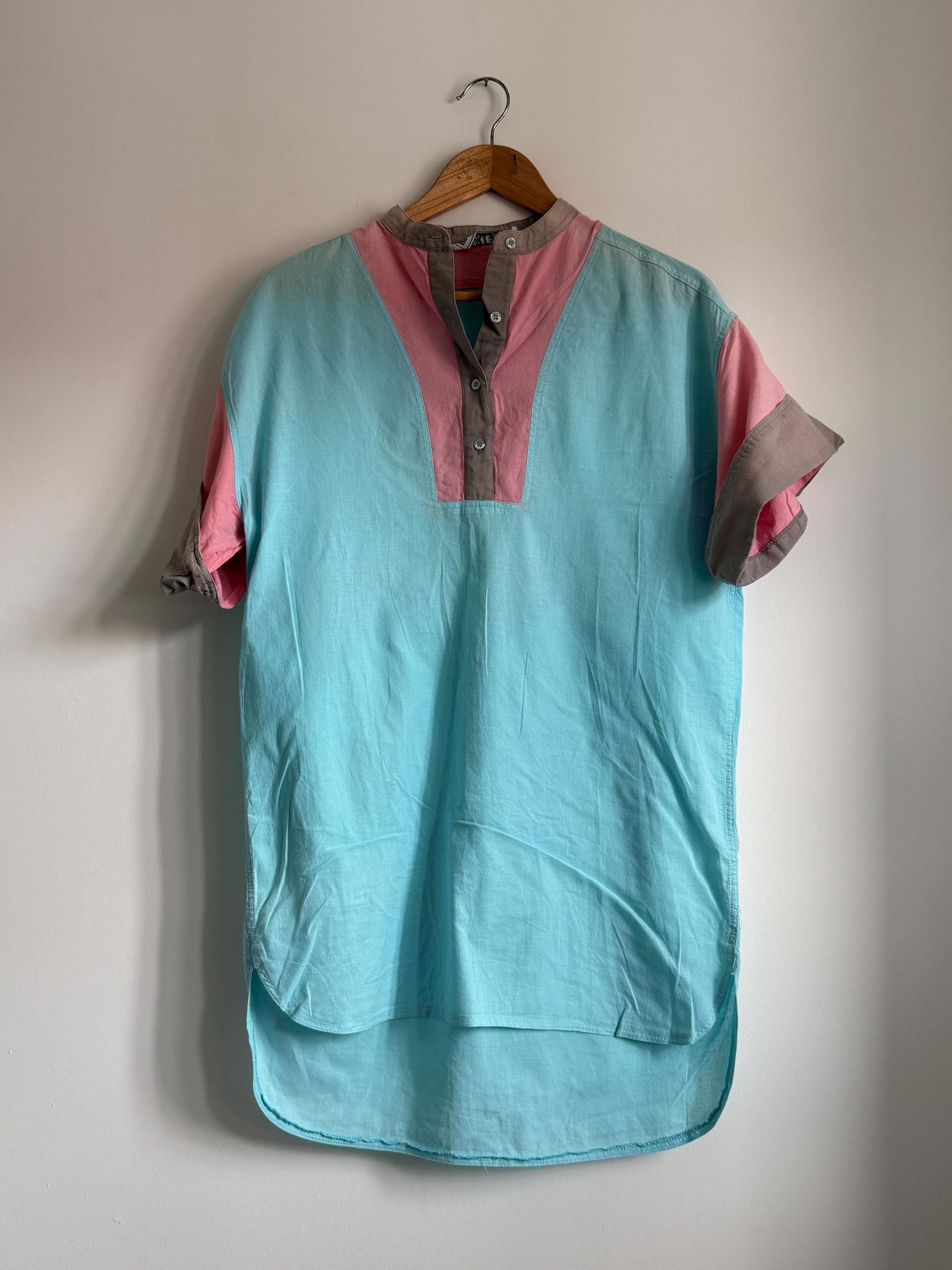 Vintage 80s Colour Block Blouse | Turquoise Pink & Taupe Cotton Tunic Shirt | Retro Pastel Top