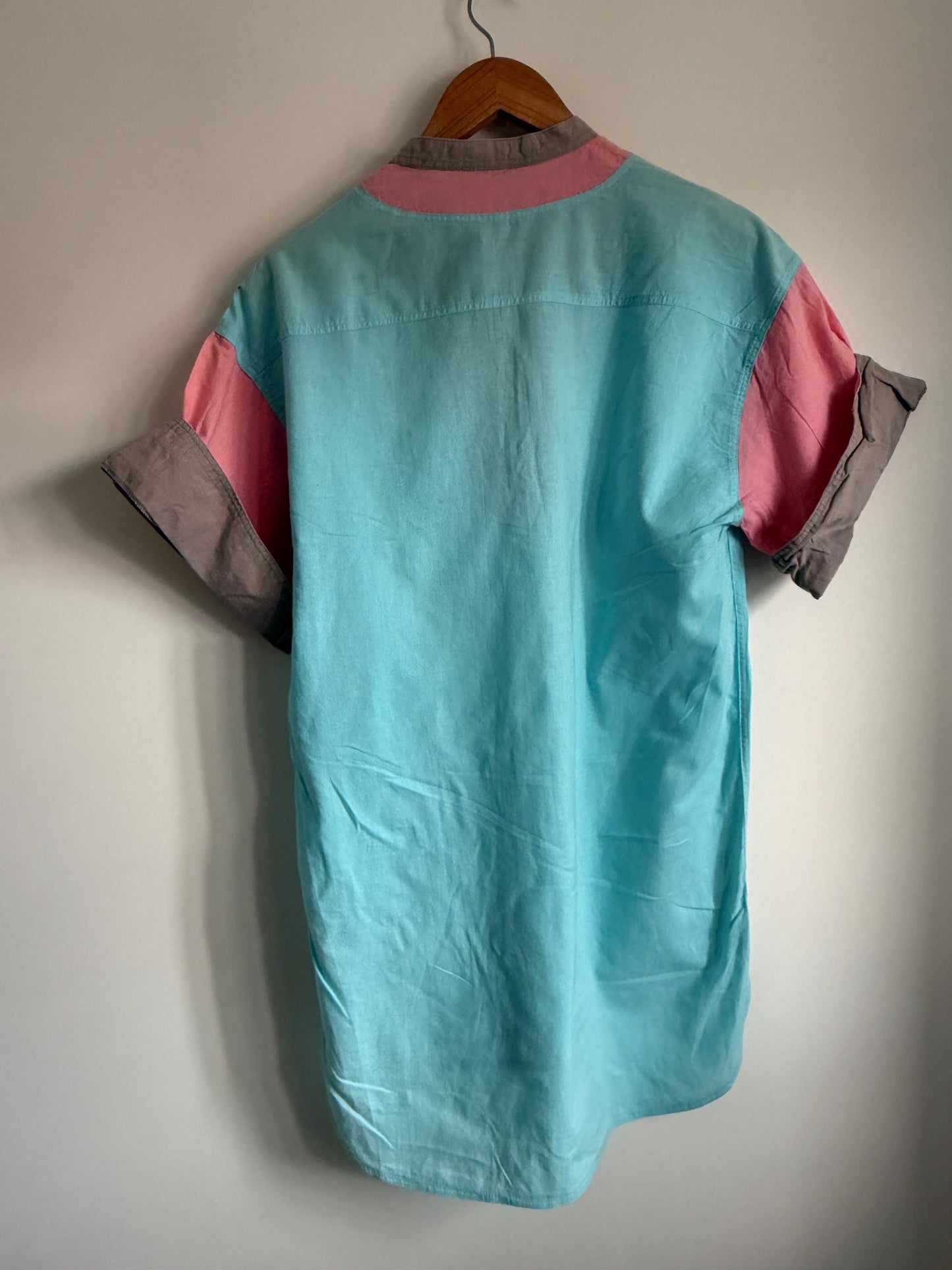 Vintage 80s Colour Block Blouse | Turquoise Pink & Taupe Cotton Tunic Shirt | Retro Pastel Top