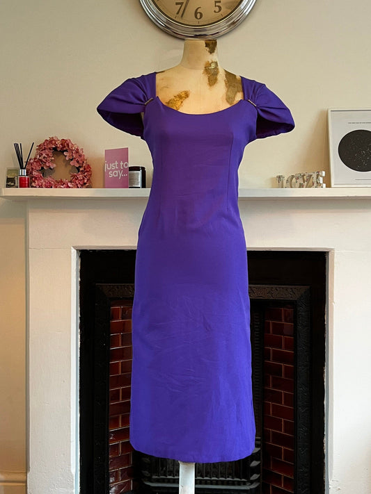 Vintage 80s Purple Dress open back cage design huge shoulder padded cap sleeves UK 6