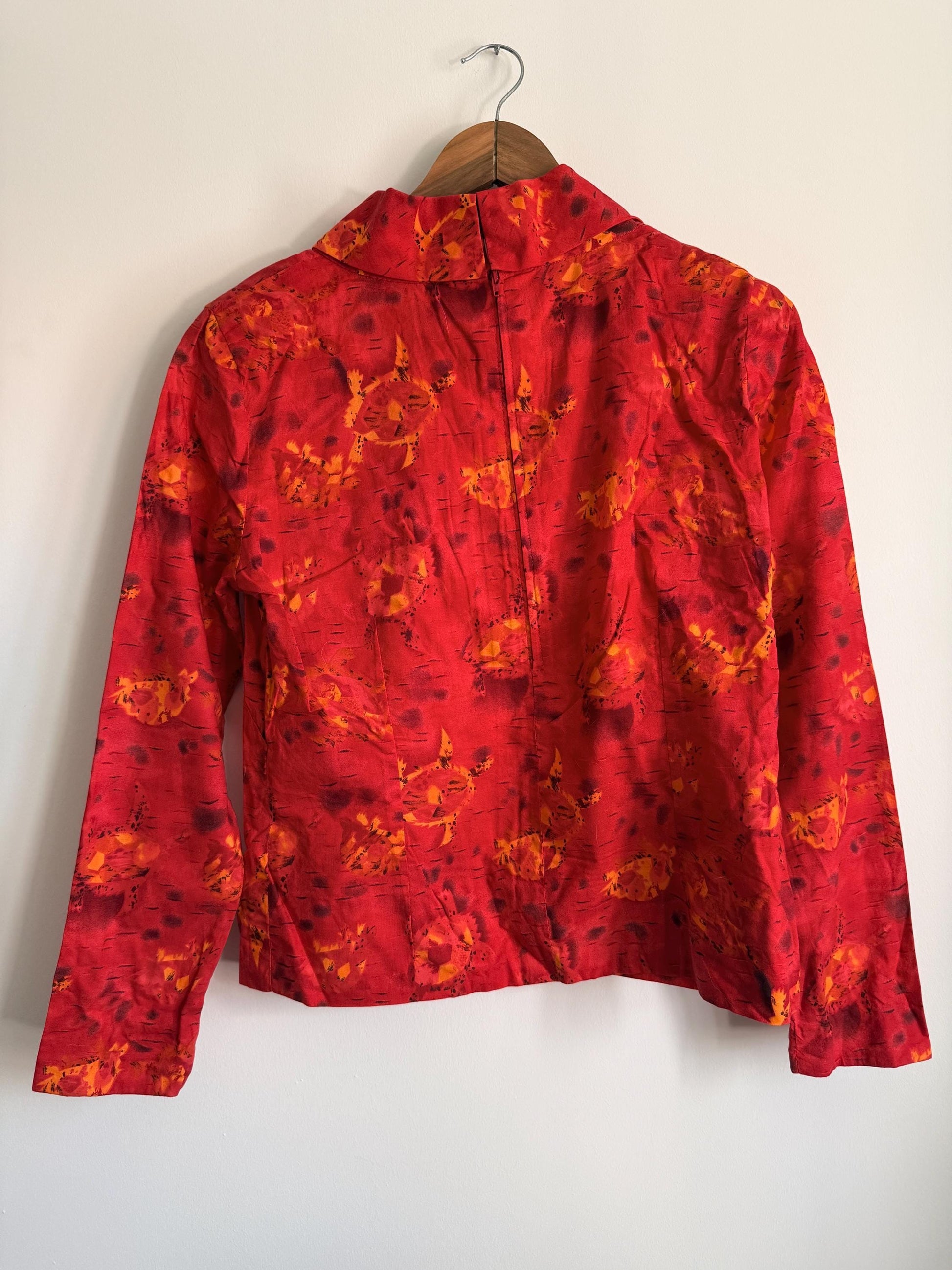 Vintage 80s Red Abstract Print High Neck Blouse | Retro Long Sleeve Top | UK 10-12