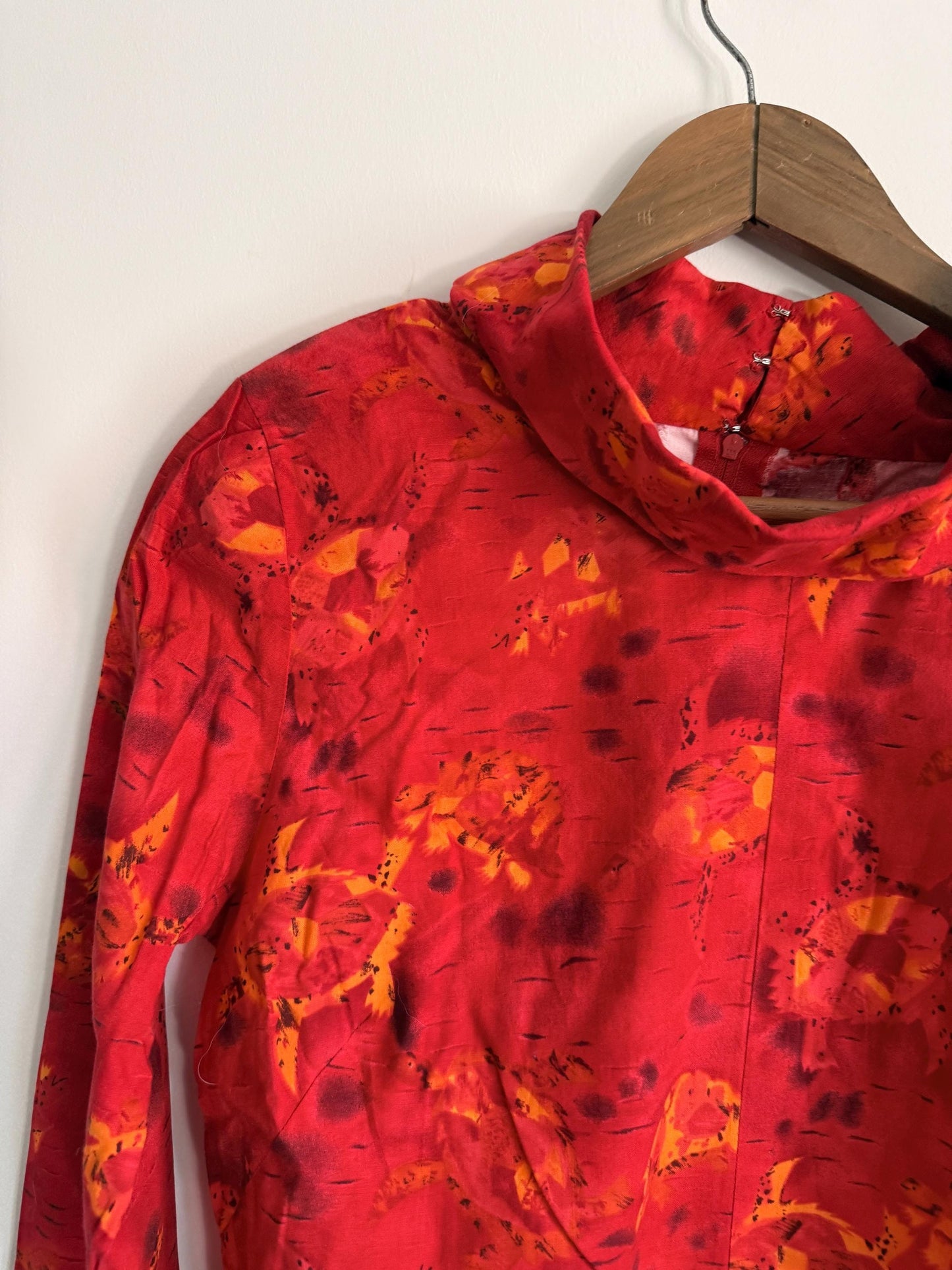 Vintage 80s Red Abstract Print High Neck Blouse | Retro Long Sleeve Top | UK 10-12