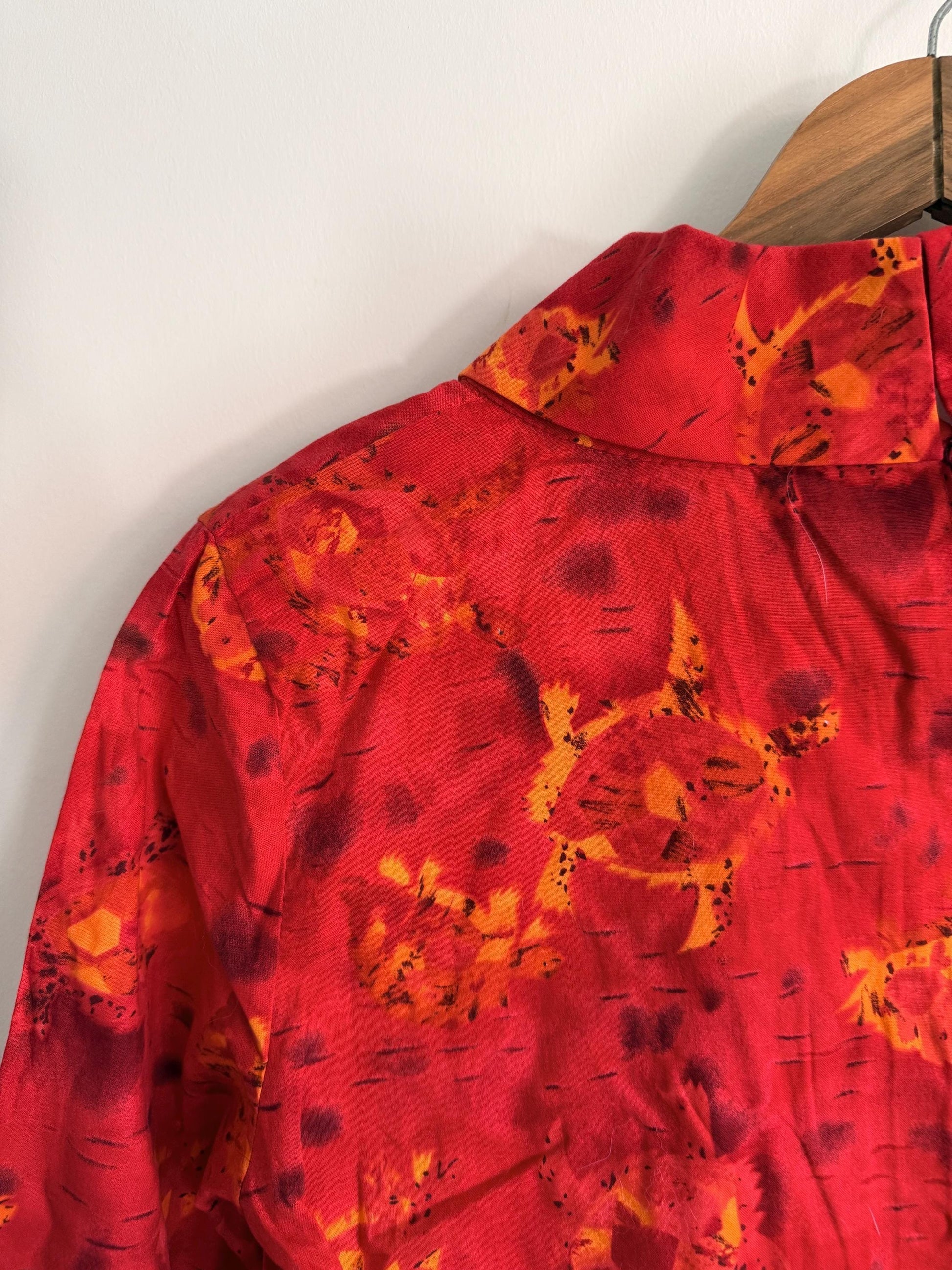 Vintage 80s Red Abstract Print High Neck Blouse | Retro Long Sleeve Top | UK 10-12