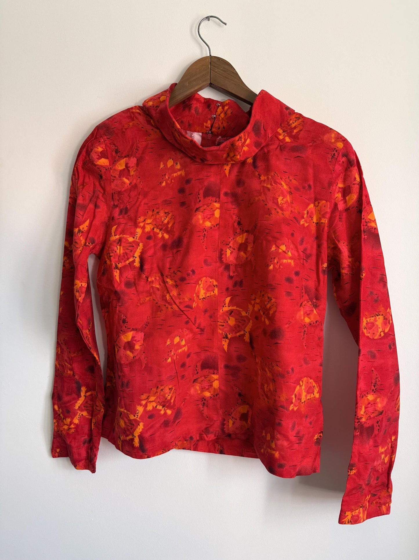 Vintage 80s Red Abstract Print High Neck Blouse | Retro Long Sleeve Top | UK 10-12