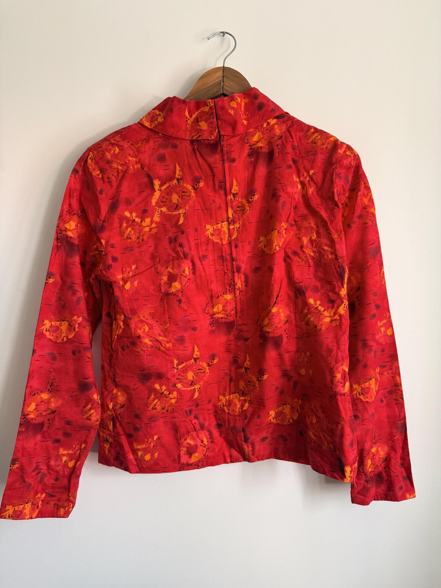 Vintage 80s Red Abstract Print High Neck Blouse | Retro Long Sleeve Top | UK 10-12