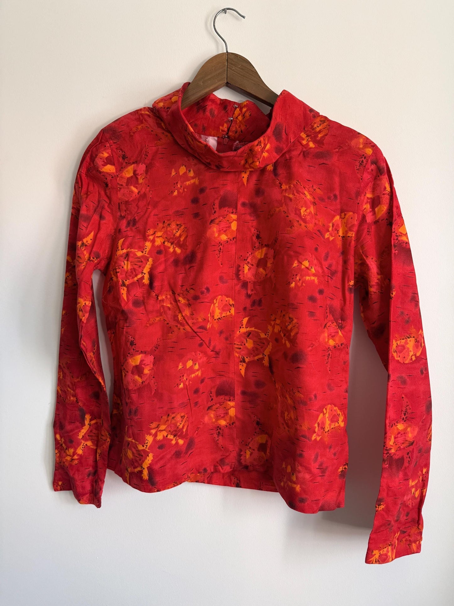 Vintage 80s Red Abstract Print High Neck Blouse | Retro Long Sleeve Top | UK 10-12