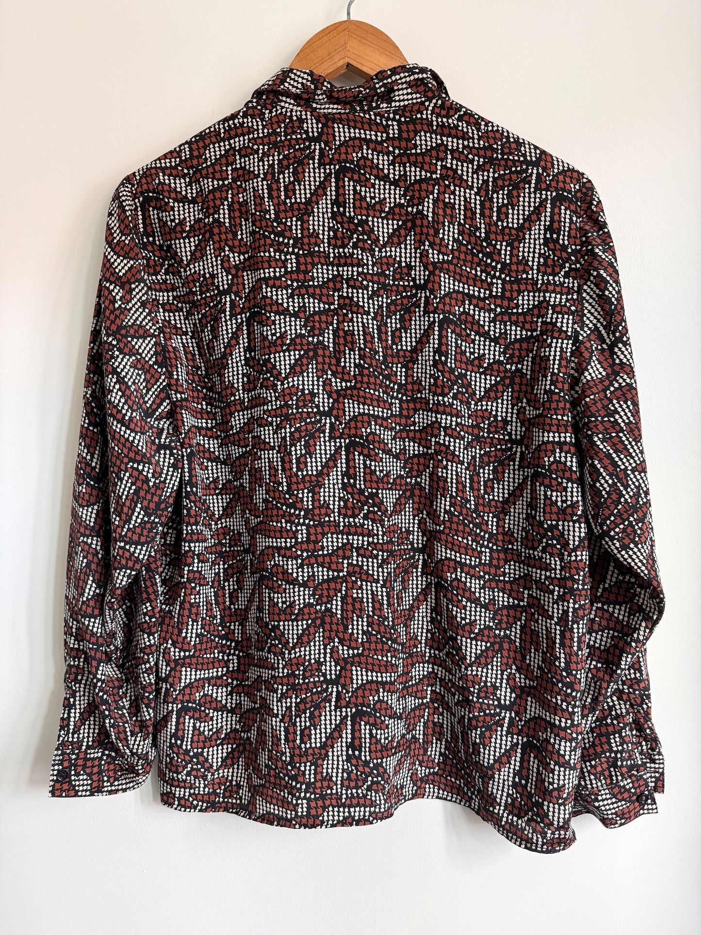 Vintage 90s Abstract Print Blouse | Brown Black & Ivory Geometric Shirt | Relaxed Button Up | Retro Patterned Women's Top