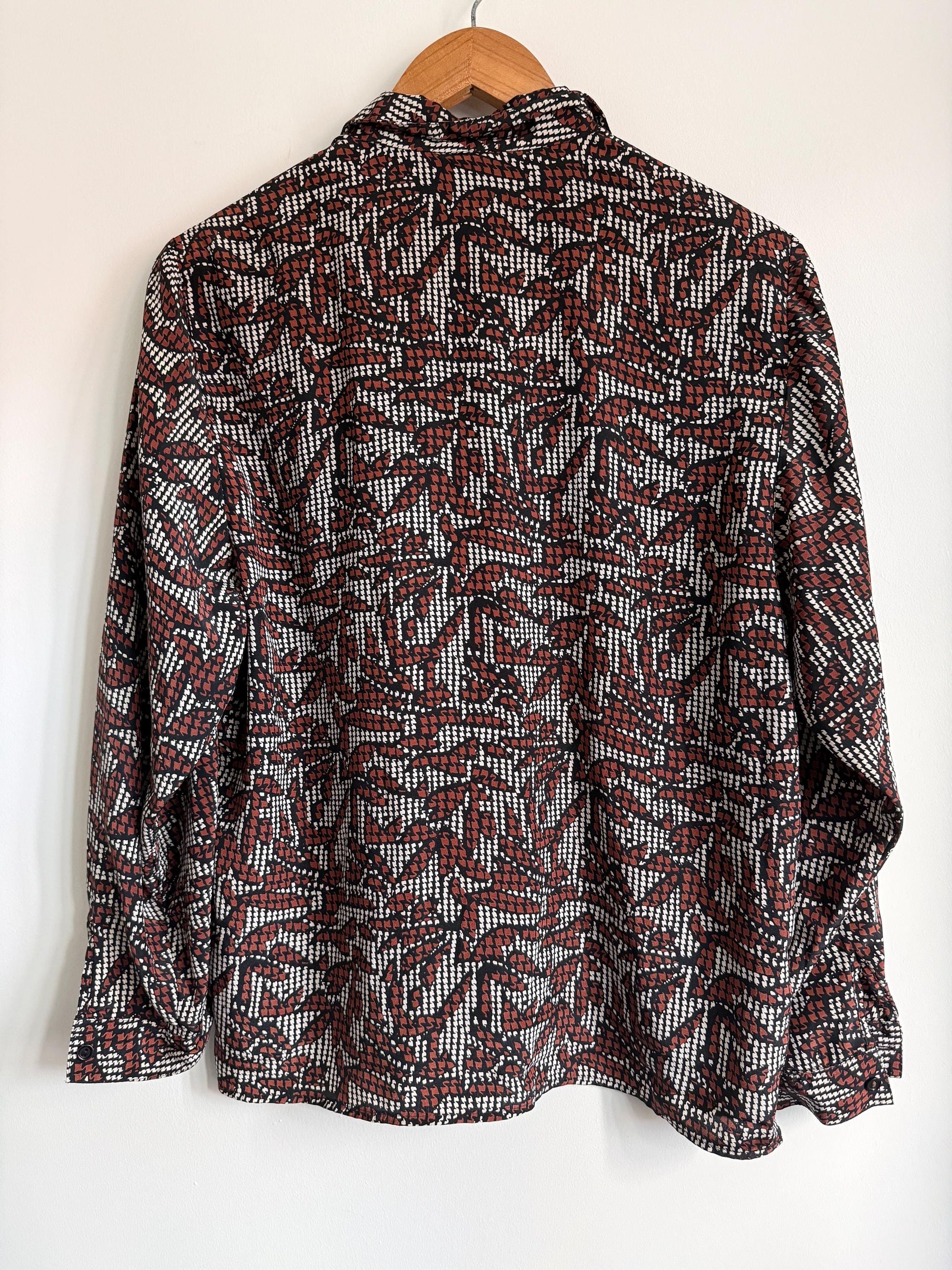 Vintage 90s Abstract Print Blouse | Brown Black & Ivory Geometric Shirt | Relaxed Button Up | Retro Patterned Women's Top
