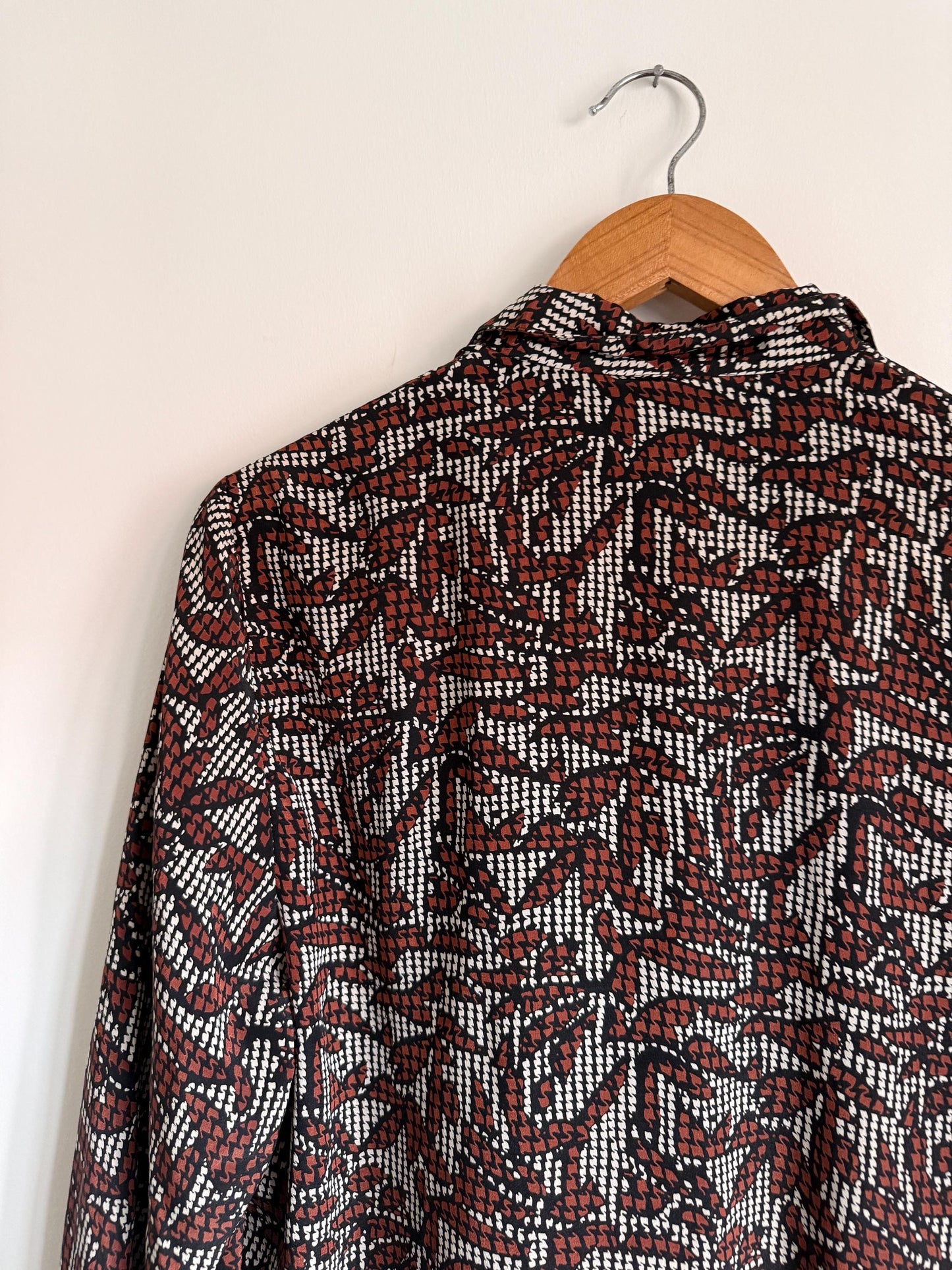Vintage 90s Abstract Print Blouse | Brown Black & Ivory Geometric Shirt | Relaxed Button Up | Retro Patterned Women's Top