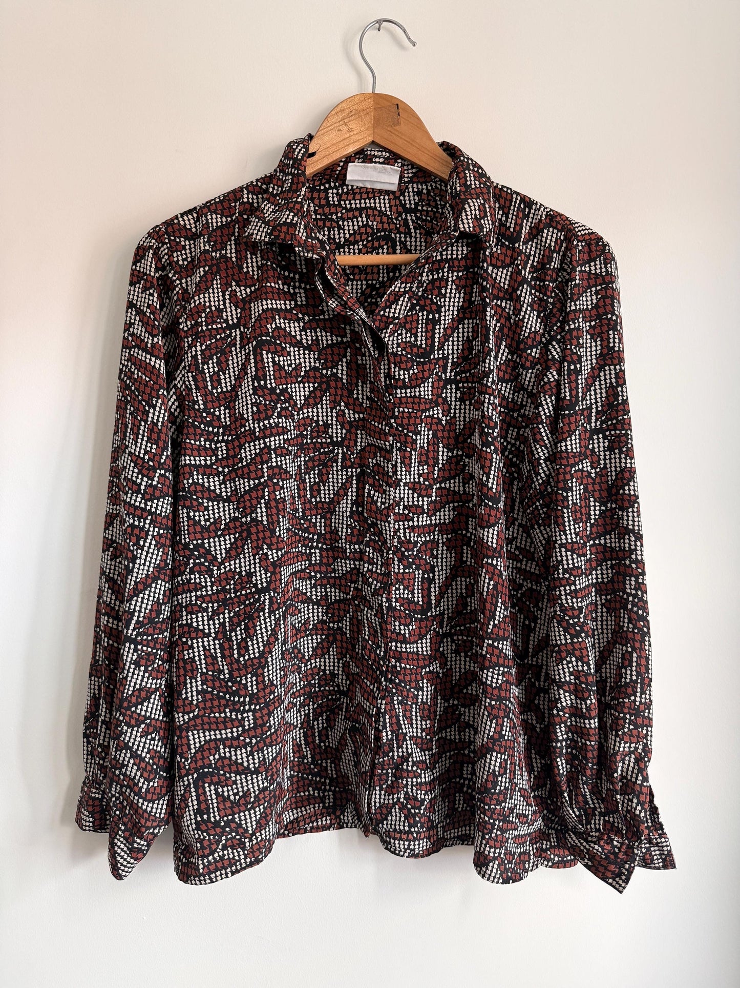 Vintage 90s Abstract Print Blouse | Brown Black & Ivory Geometric Shirt | Relaxed Button Up | Retro Patterned Women's Top