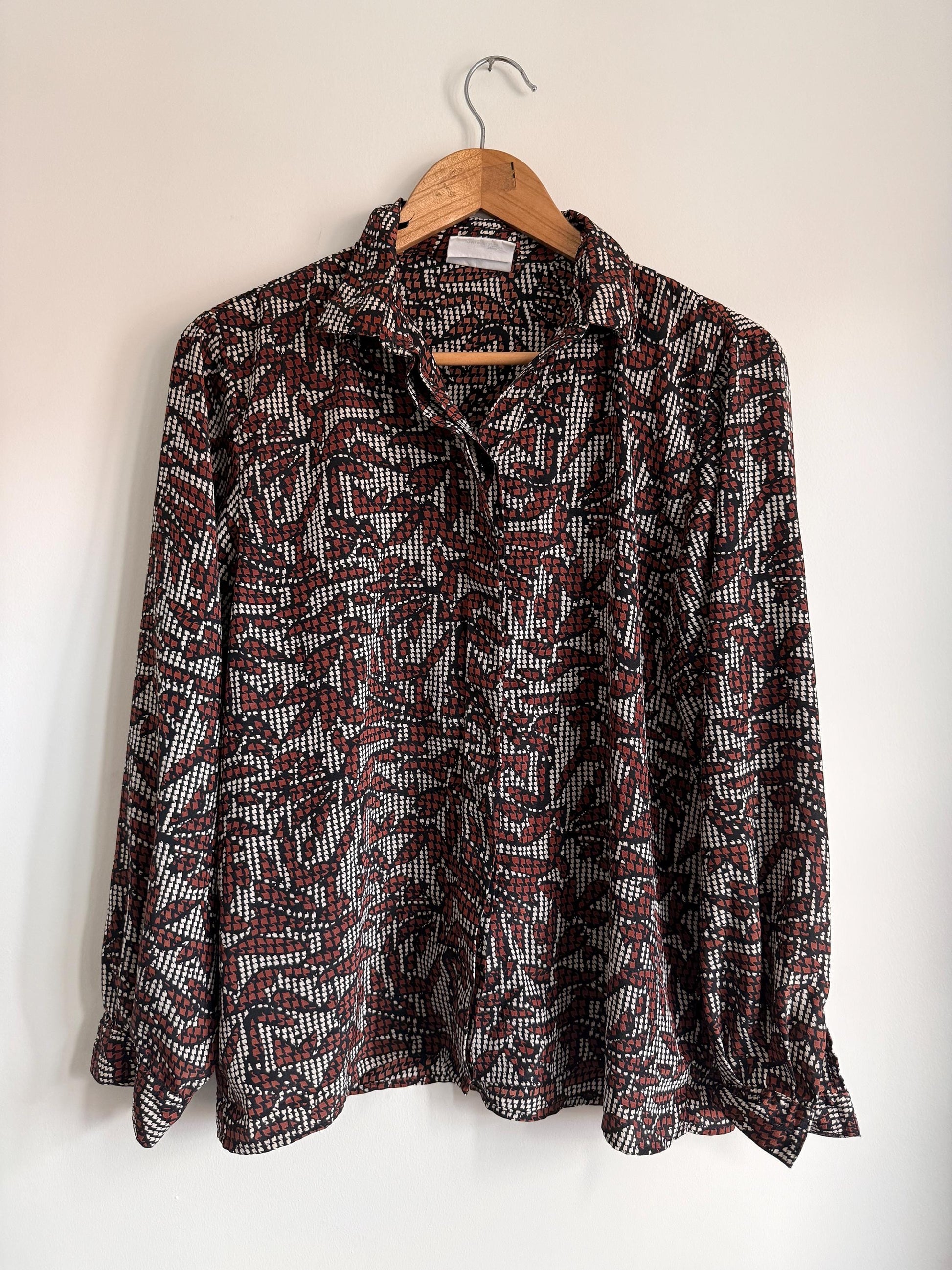Vintage 90s Abstract Print Blouse | Brown Black & Ivory Geometric Shirt | Relaxed Button Up | Retro Patterned Women's Top