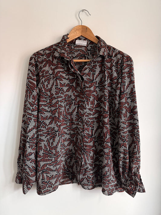 Vintage 90s Abstract Print Blouse | Brown Black & Ivory Geometric Shirt | Relaxed Button Up | Retro Patterned Women's Top