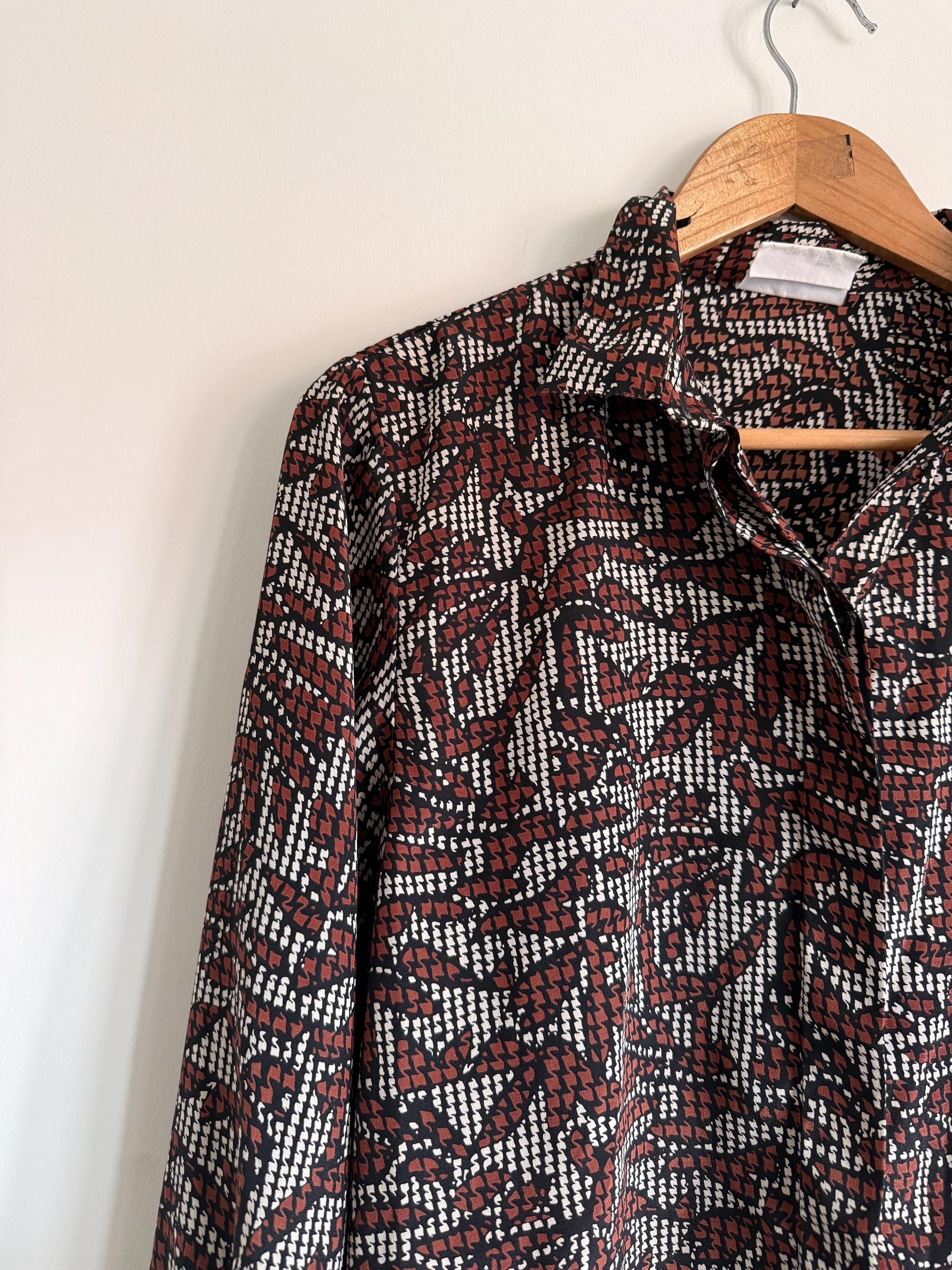 Vintage 90s Abstract Print Blouse | Brown Black & Ivory Geometric Shirt | Relaxed Button Up | Retro Patterned Women's Top