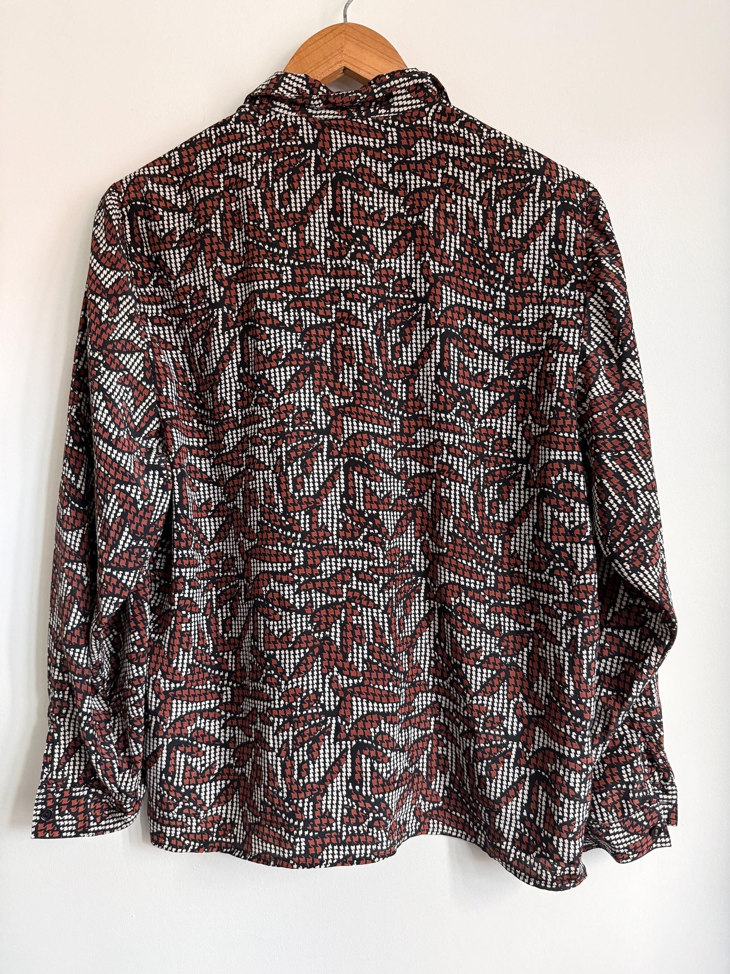 Vintage 90s Abstract Print Blouse | Brown Black & Ivory Geometric Shirt | Relaxed Button Up | Retro Patterned Women's Top
