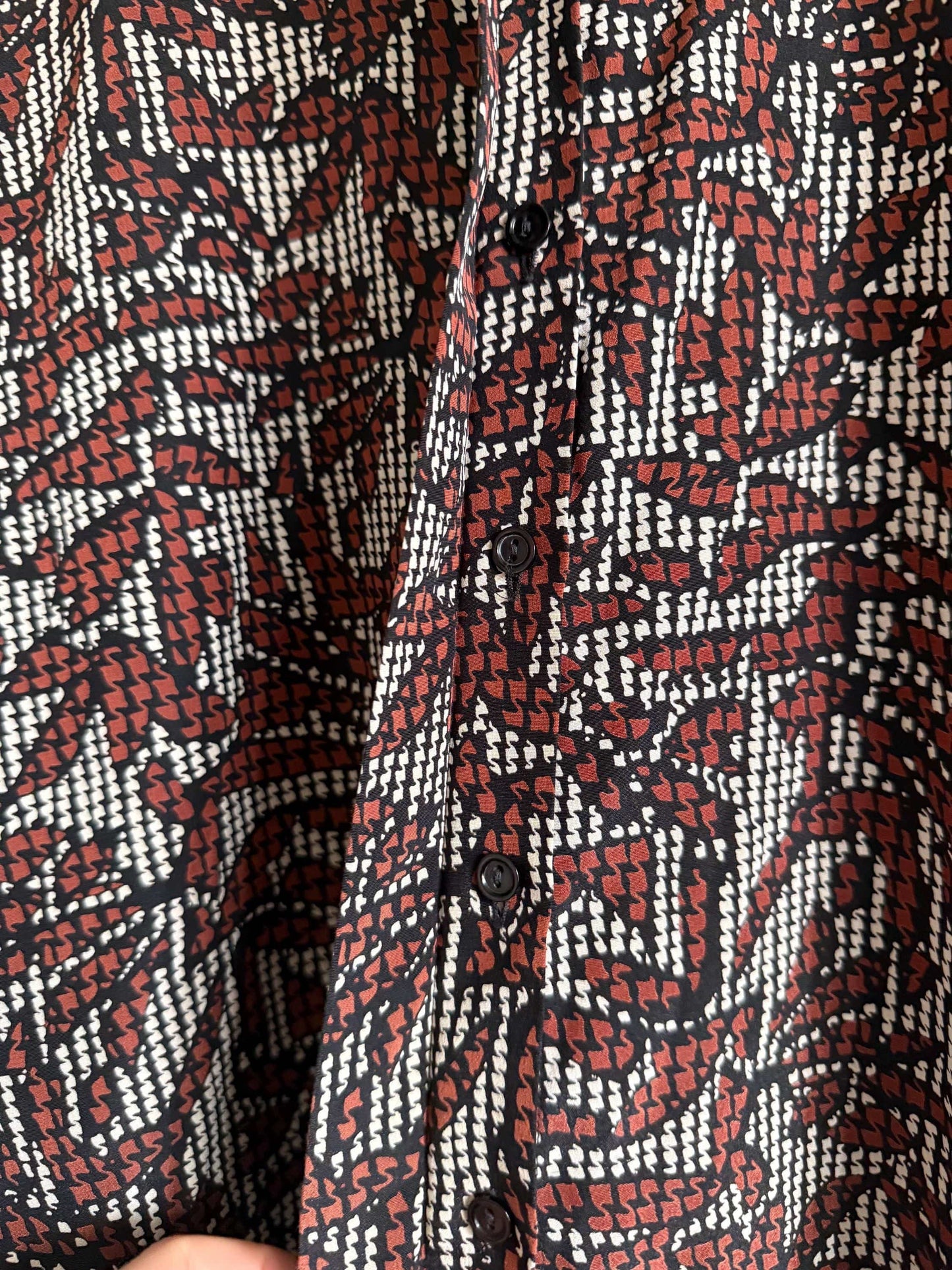 Vintage 90s Abstract Print Blouse | Brown Black & Ivory Geometric Shirt | Relaxed Button Up | Retro Patterned Women's Top