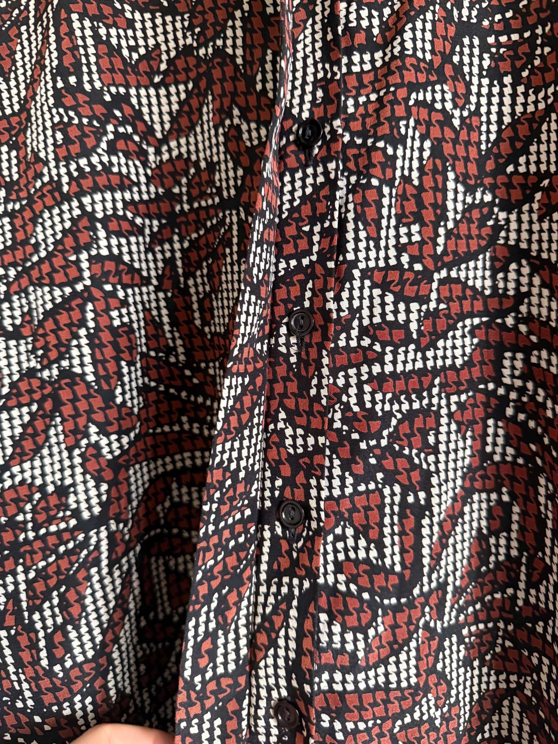 Vintage 90s Abstract Print Blouse | Brown Black & Ivory Geometric Shirt | Relaxed Button Up | Retro Patterned Women's Top