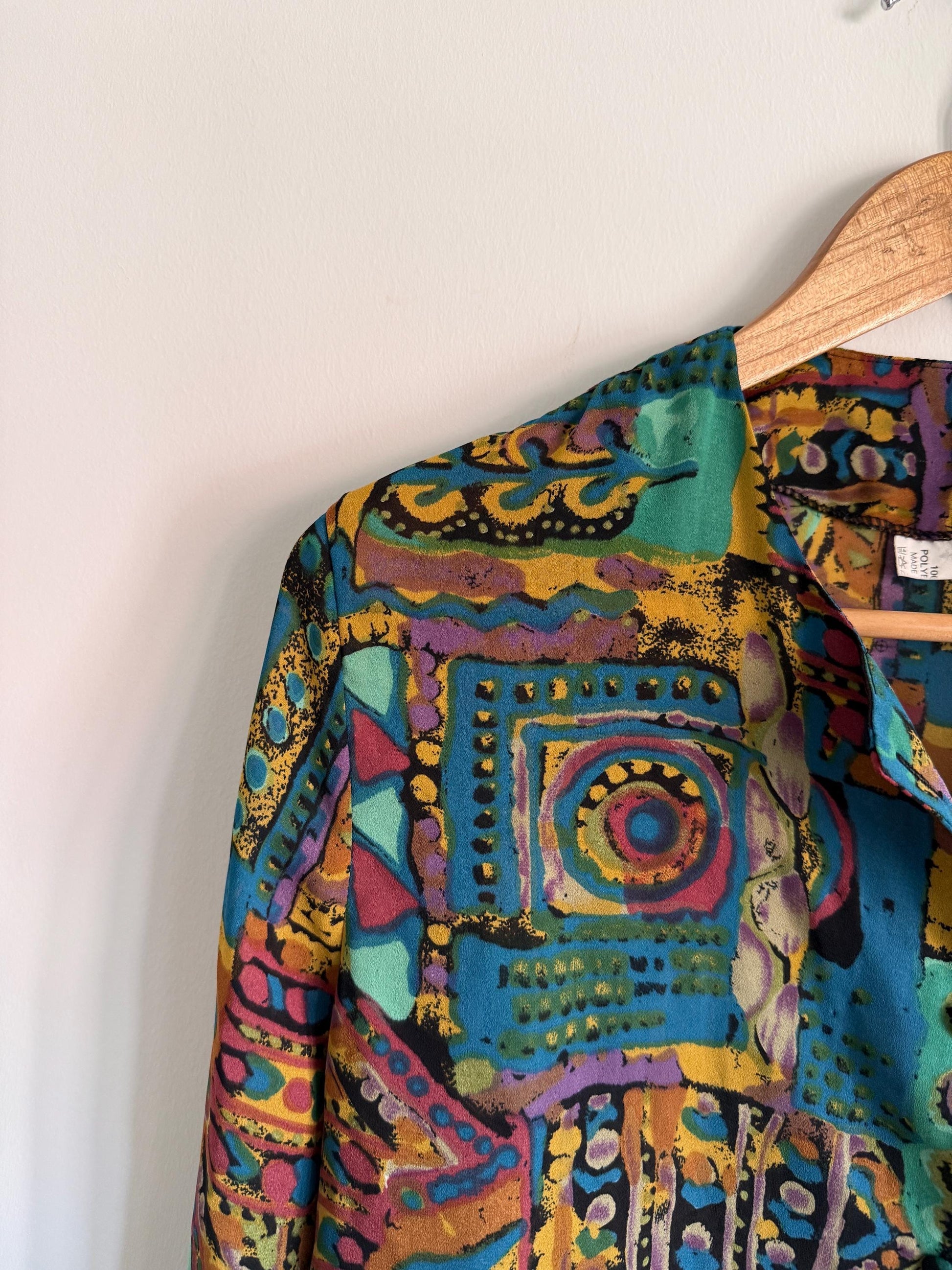 Vintage 90s Abstract Print Blouse | Colourful Geometric Shirt | Cropped Button Up Top | Teal Purple Festival Vintage Blouse