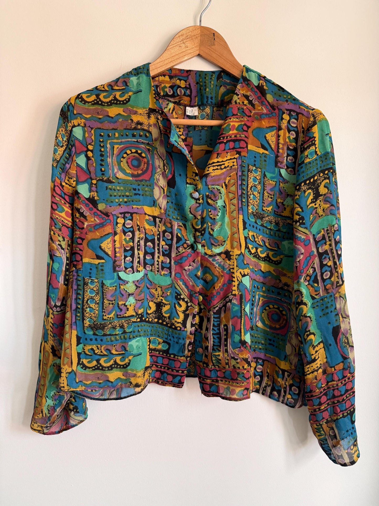 Vintage 90s Abstract Print Blouse | Colourful Geometric Shirt | Cropped Button Up Top | Teal Purple Festival Vintage Blouse